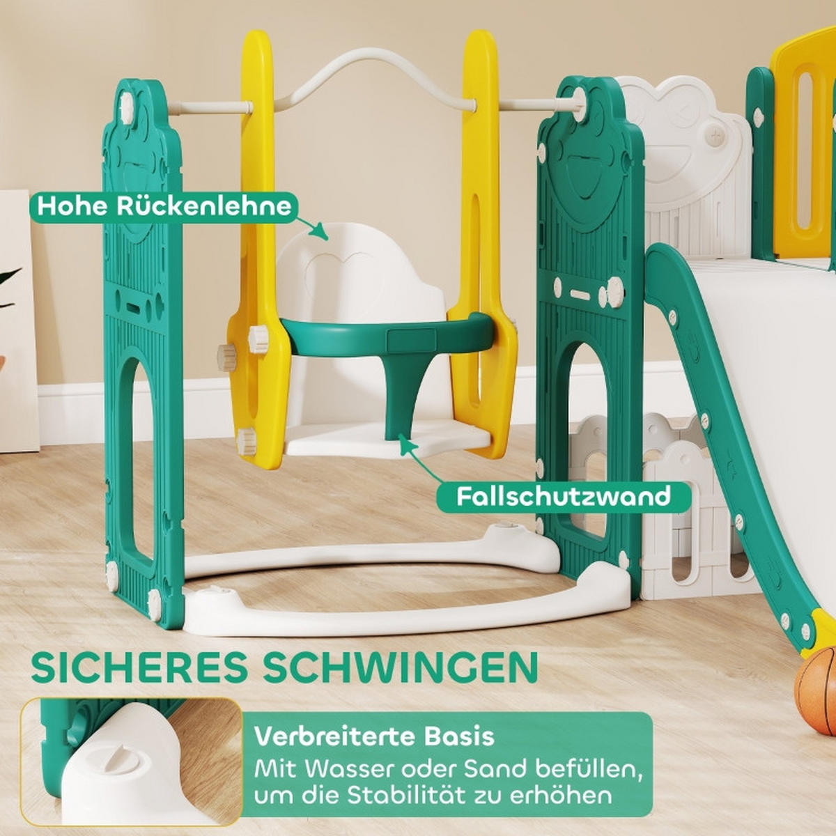 KINDERRUTSCHE 9-in-1 mit Schaukel und Basketballkorb Gelb/Grün - Gelb, Kunststoff (150/94/250cm) - Korfee