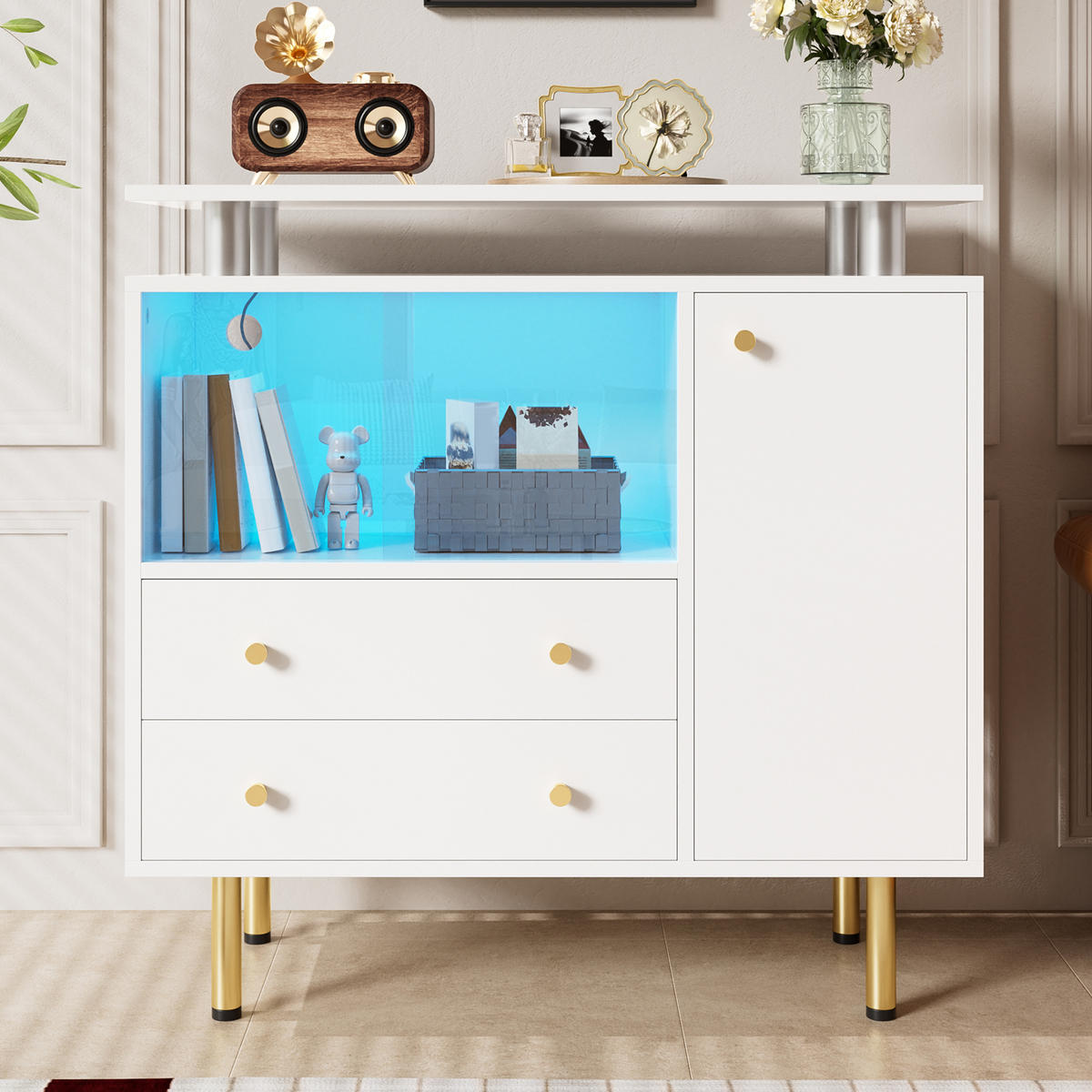 SIDEBOARD in Weiß mit LED-Beleuchtung und Schubladen für Wohnzimmer, Flur und Esszimmer, B80/T35/H80 cm - Goldfarben/Weiß, Glas/Holzwerkstoff (80/80/35cm) - STILVORA