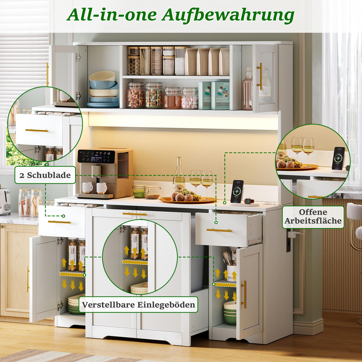 BUFFET DE-38725 140/40/173 cm LED-Beleuchtung und Müllschrank Weiß/Gold - Weiß, Holzwerkstoff (140/173/40cm) - ComfortXL