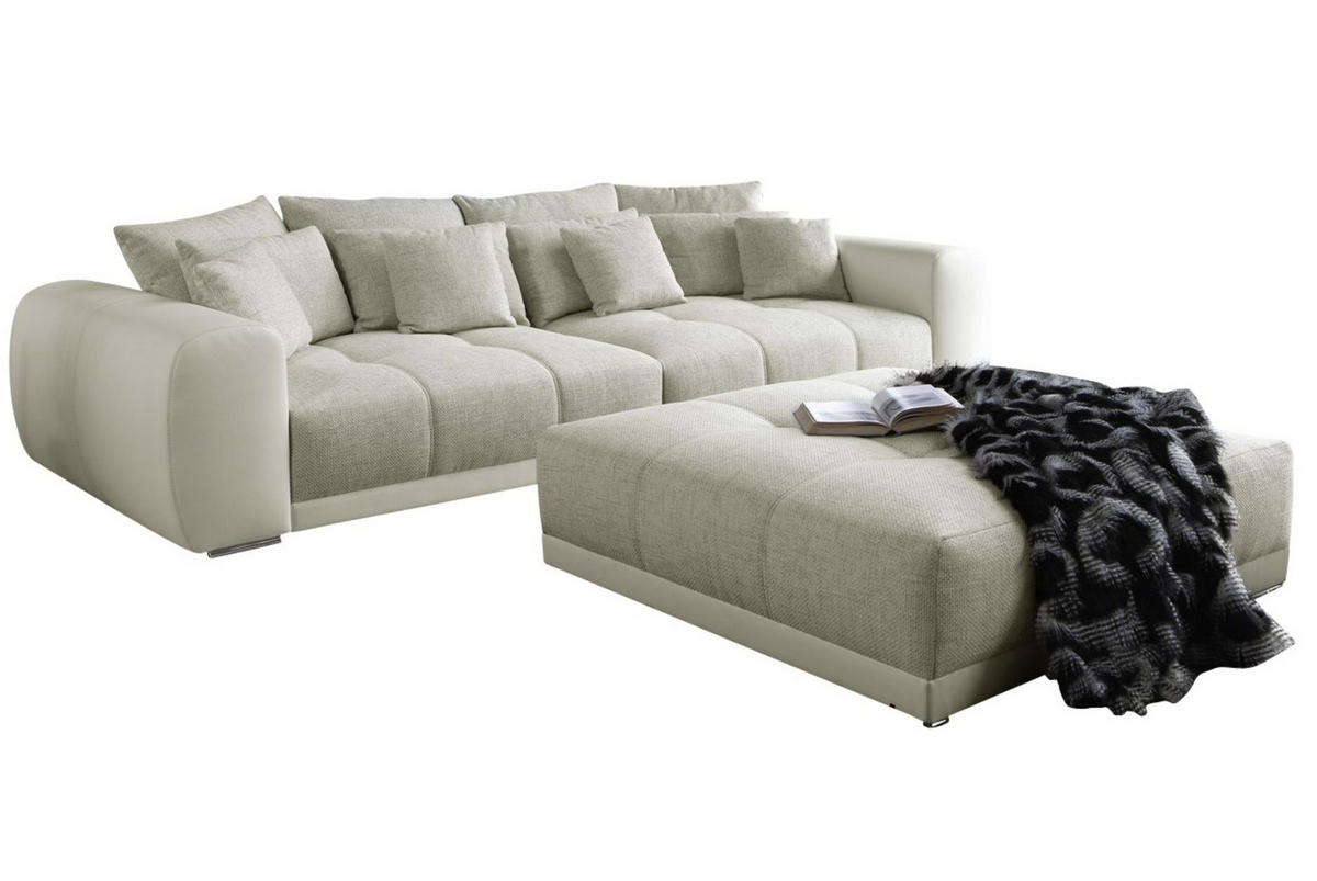 BIG-SOFA Federkern B306/T134/H86 cm, Liegefläche 120x240 cm, Korpus Kunstleder Weiß+Bezug Web-Strukturstoff Grau Beige / 15113 - Chromfarben/Graubraun, Textil/Metall (306/86/134cm) - luma-home