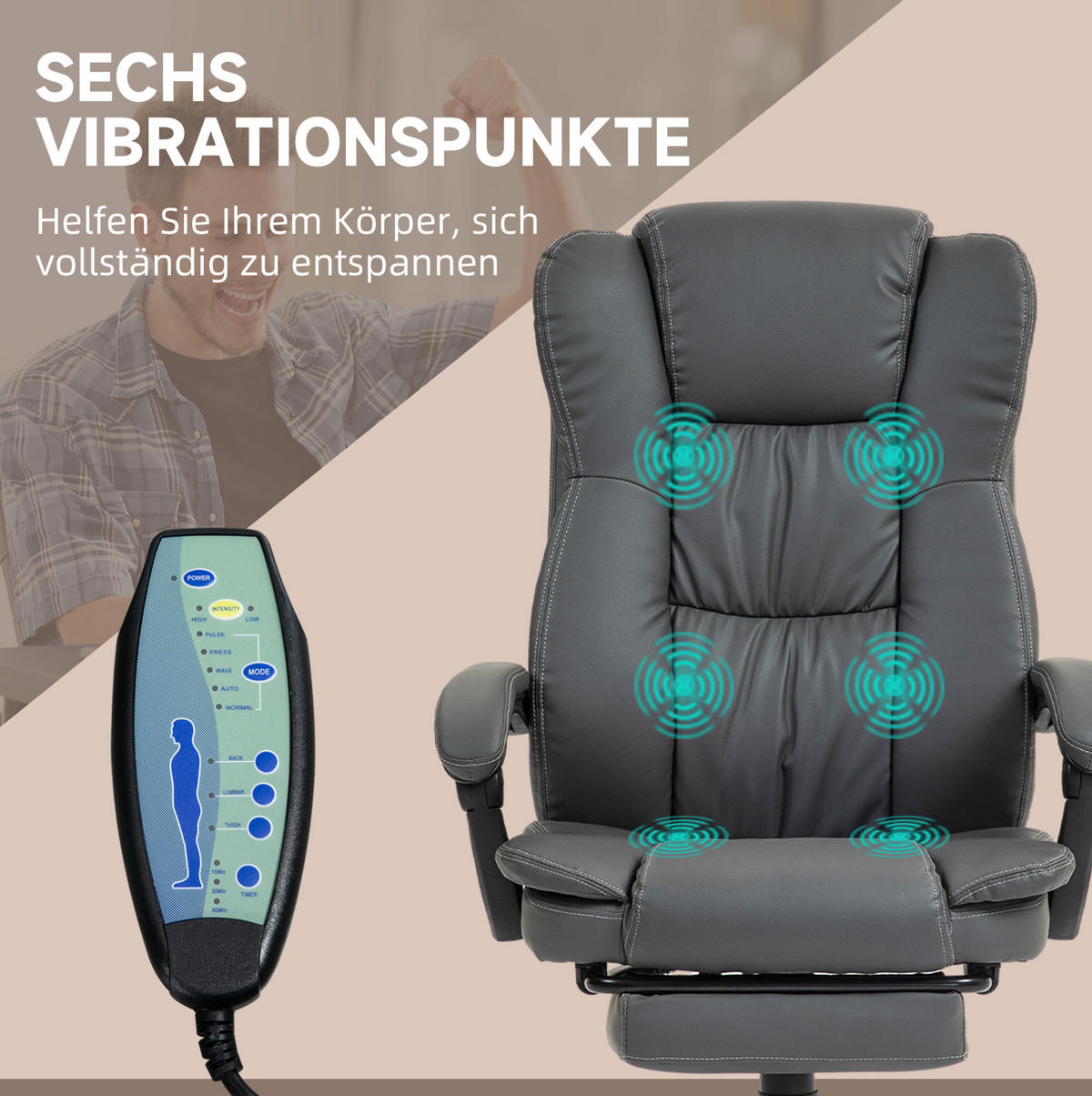 DREHSTUHL 68,5/68,5/113-121 cm dunkelgrau aus Kunstleder mit Massagefunktion und Fußstütze - Dunkelgrau, Leder (68.5/121/68.5cm) - OKWISH