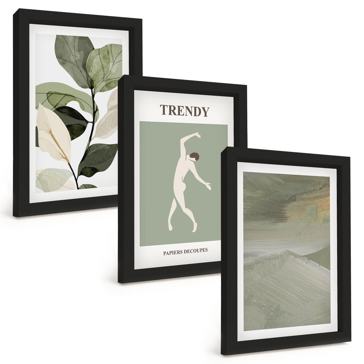 BILDER SET 3er Set - 20x30 cm Schwarzer Rahmen - Abstrakte Pflanzensilhouettenmuster - Schwarz, Kunststoff (20/30cm) - TULUP