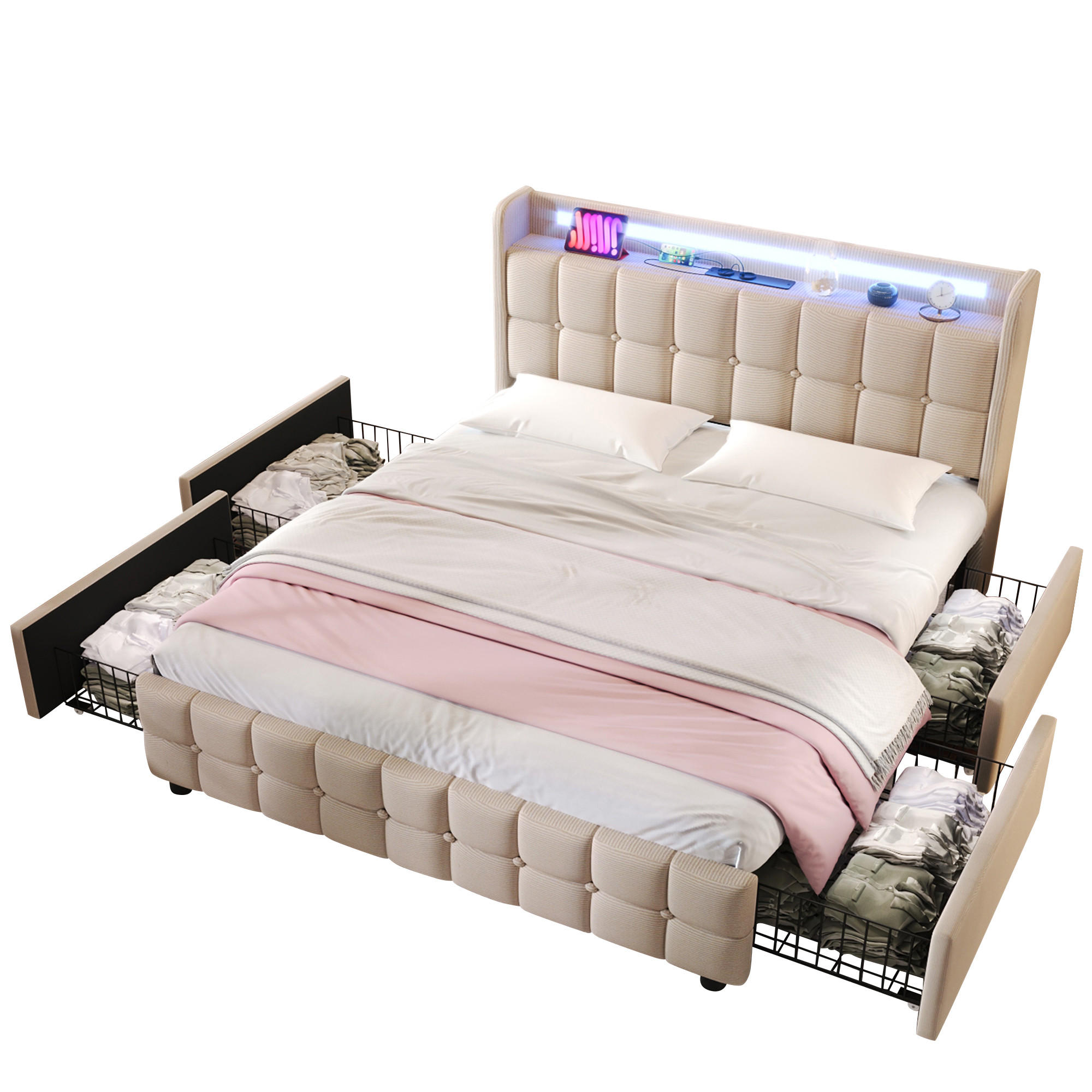 WISHDOR ČALOUNĚNÁ postel 180x200 cm v béžové lněné látce se 4 zásuvkami, LED osvětlením a USB