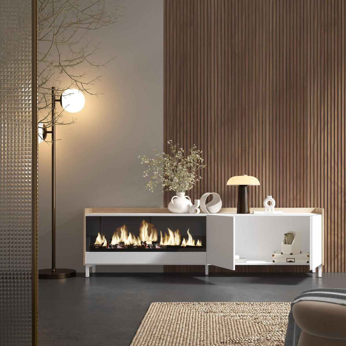 LOWBOARD, Weiß und Eiche, 212/35/61cm, Kamin mit Feuereffekt XXL - Weiß, Holzwerkstoff (212/61/35cm) - Skraut Home