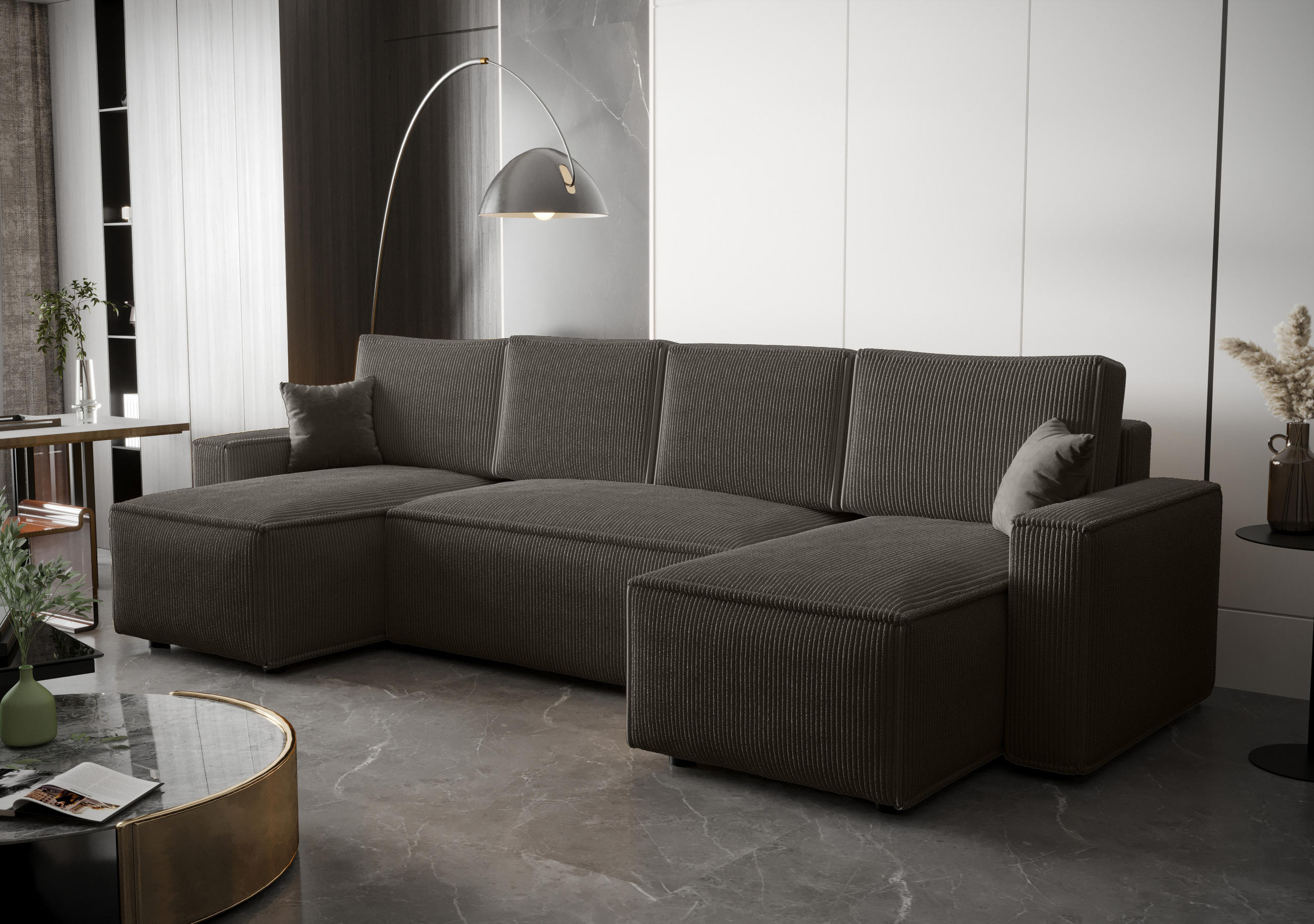 WOHNLANDSCHAFT U AMBRO Poso 22 mit Schlaffunktion U-Form, Sofa mit Stauraum - Dunkelgrau, Textil (300/85/143cm) - Bedante