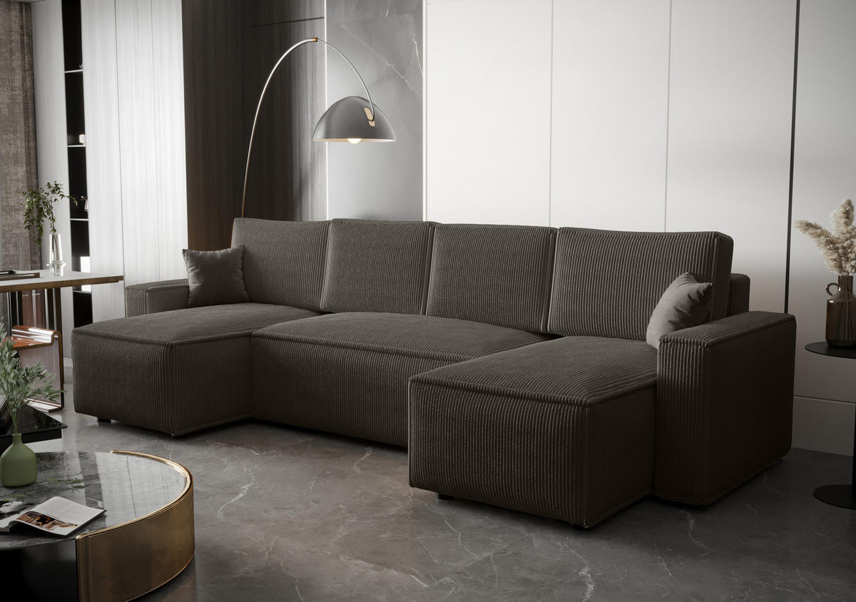 WOHNLANDSCHAFT U AMBRO Poso 22 mit Schlaffunktion U-Form, Sofa mit Stauraum - Dunkelgrau, Textil (300/85/143cm) - Bedante
