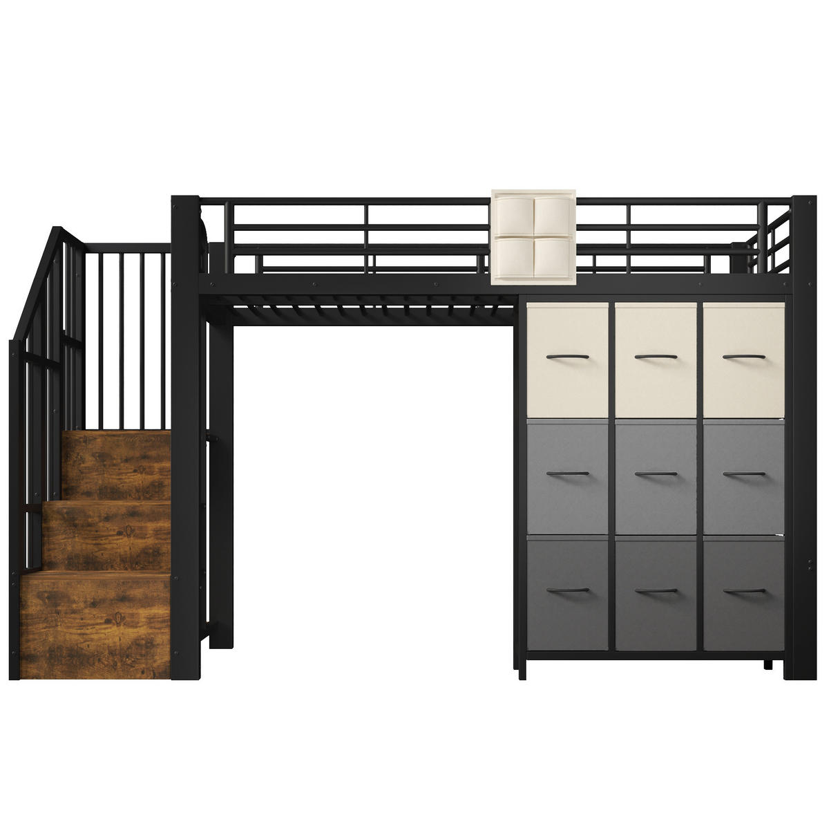 HOCHBETT aus Metall und MDF 90x200 cm Schwarz mit Stauraumtreppe, Schubladen und Kleiderstange - Schwarz, Holzwerkstoff (90/200cm) - IVMEU