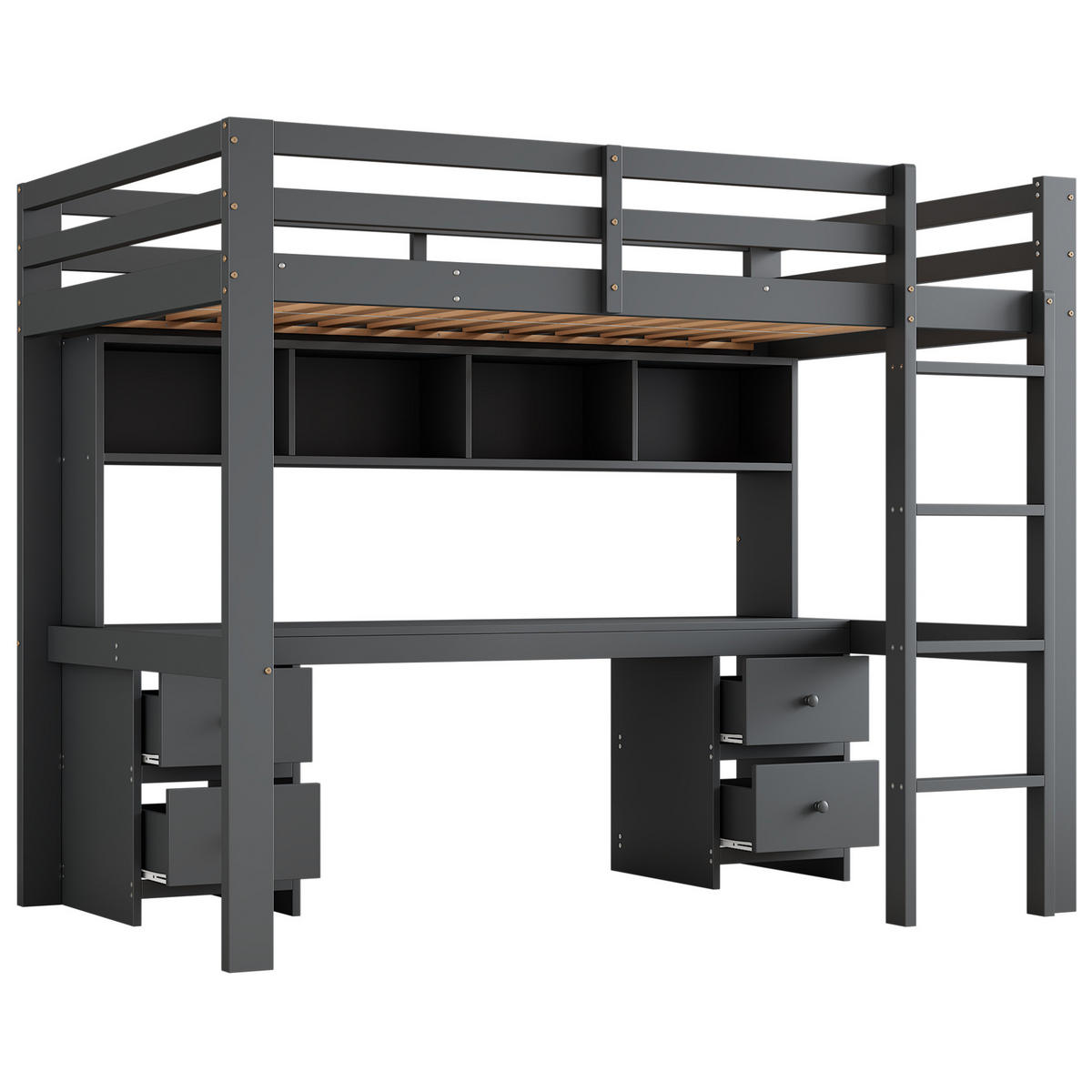 HOCHBETT mit Schreibtisch 90/200 cm in Grau – mit Stauraum und Rausfallschutz - Grau, Holz (90/200cm) - BEAOK
