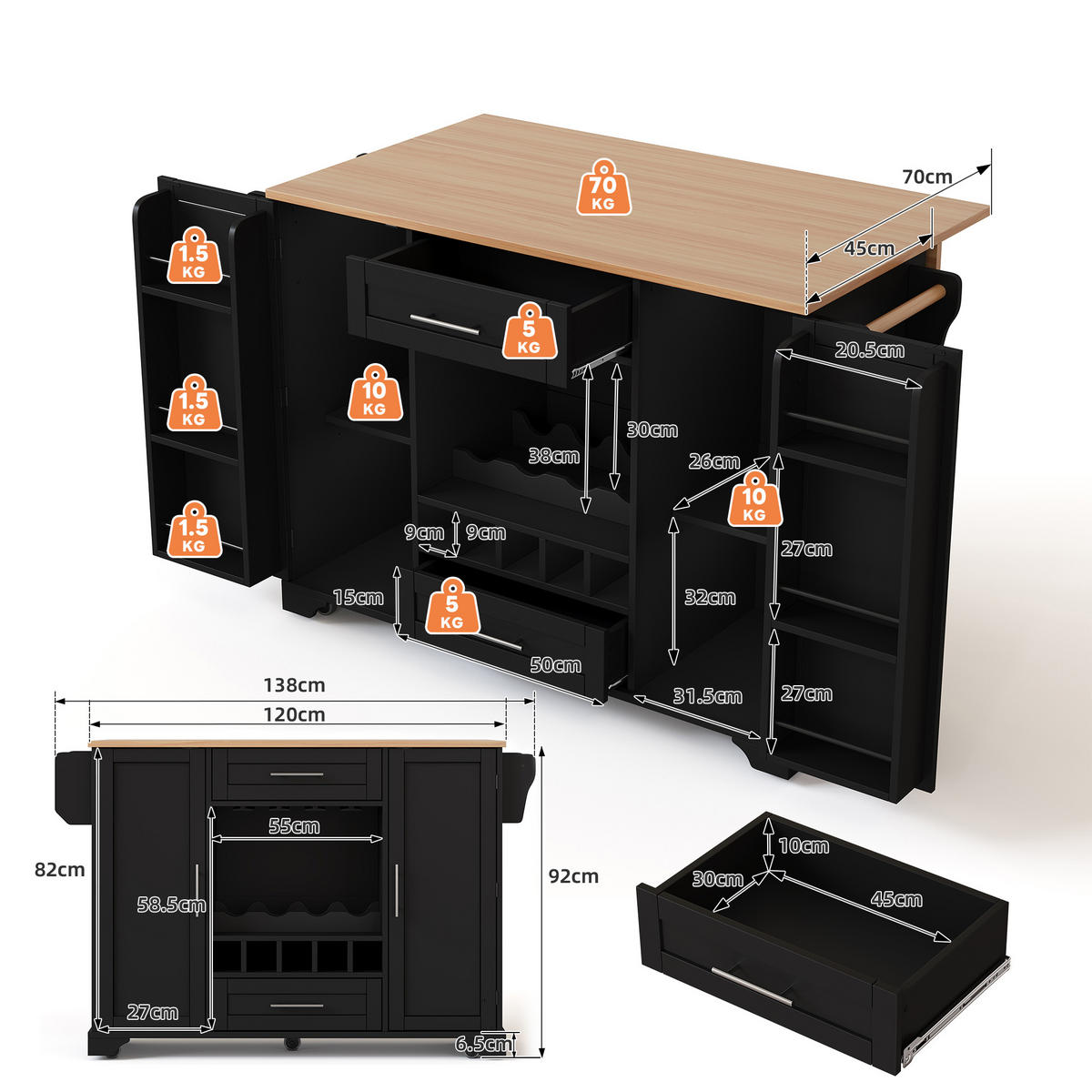 KÜCHENINSEL Schwarz aus MDF mit ausziehbarer Arbeitsplatte 138 × 70 × 92 cm - Schwarz, Holzwerkstoff (138/92/70cm) - Luhomfu