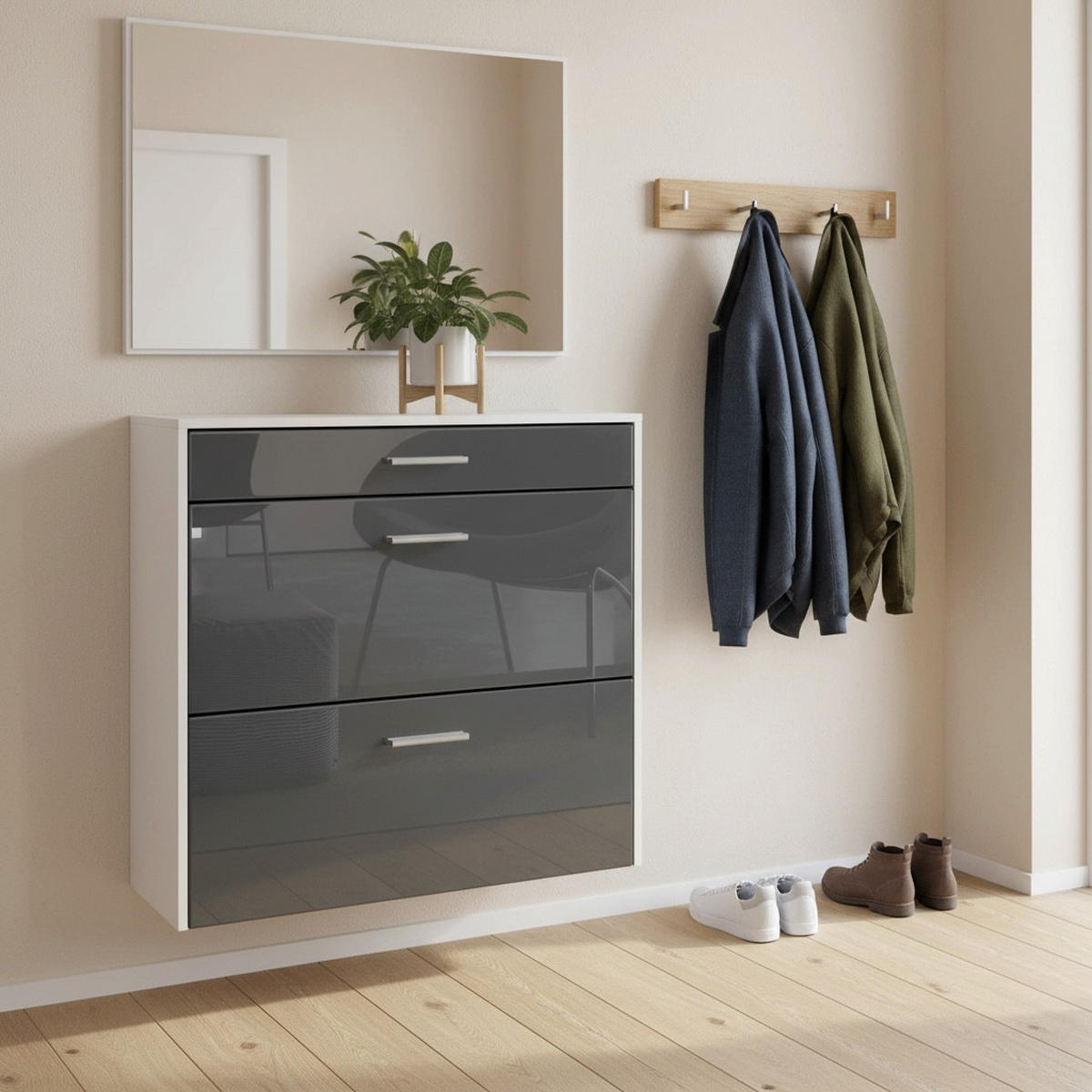 HÄNGENDER-SCHUHSCHRANK Roma Air Schmal mit 2 Klappen und 1 Schublade, Platzsparender Schuhkipper, Weiß matt/Grau Hochglanz (89 x 87 x 23 cm) - Grau, Holzwerkstoff (89/87/23cm) - InnoFurn