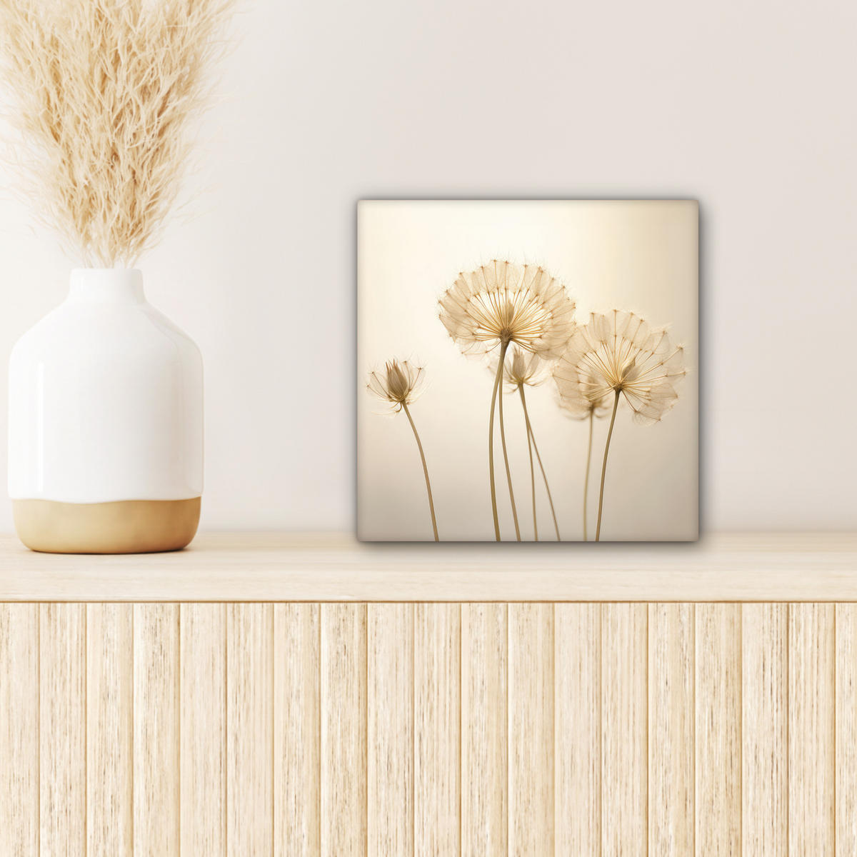 LEINWANDBILD Sonnenlicht - Löwenzahn - Botanisch - Blumen Deko Wohnzimmer 20x20 cm - Creme, Textil (20/20cm) - MuchoWow