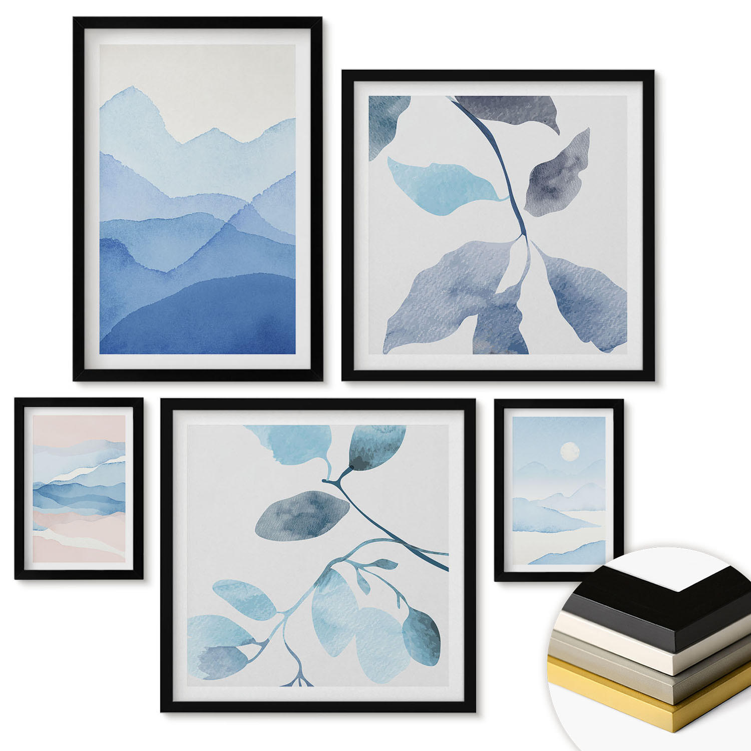 WANDBILDER 5er-Set - 50x50 cm & 20x30 cm & 40x60 cm Schwarzer Rahmen - Berglandschaften, Aquarellpflanzen - Schwarz, Kunststoff (40/60cm) - ArtPrintCave