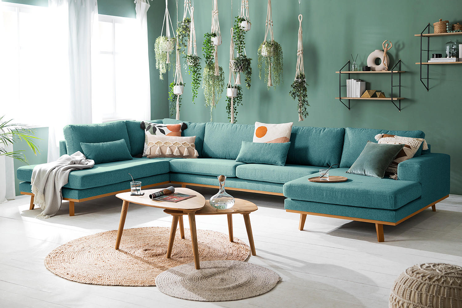 WOHNLANDSCHAFT mit Longchair - Buchefarben/Petrol, Textil (371/81/219cm) - home24