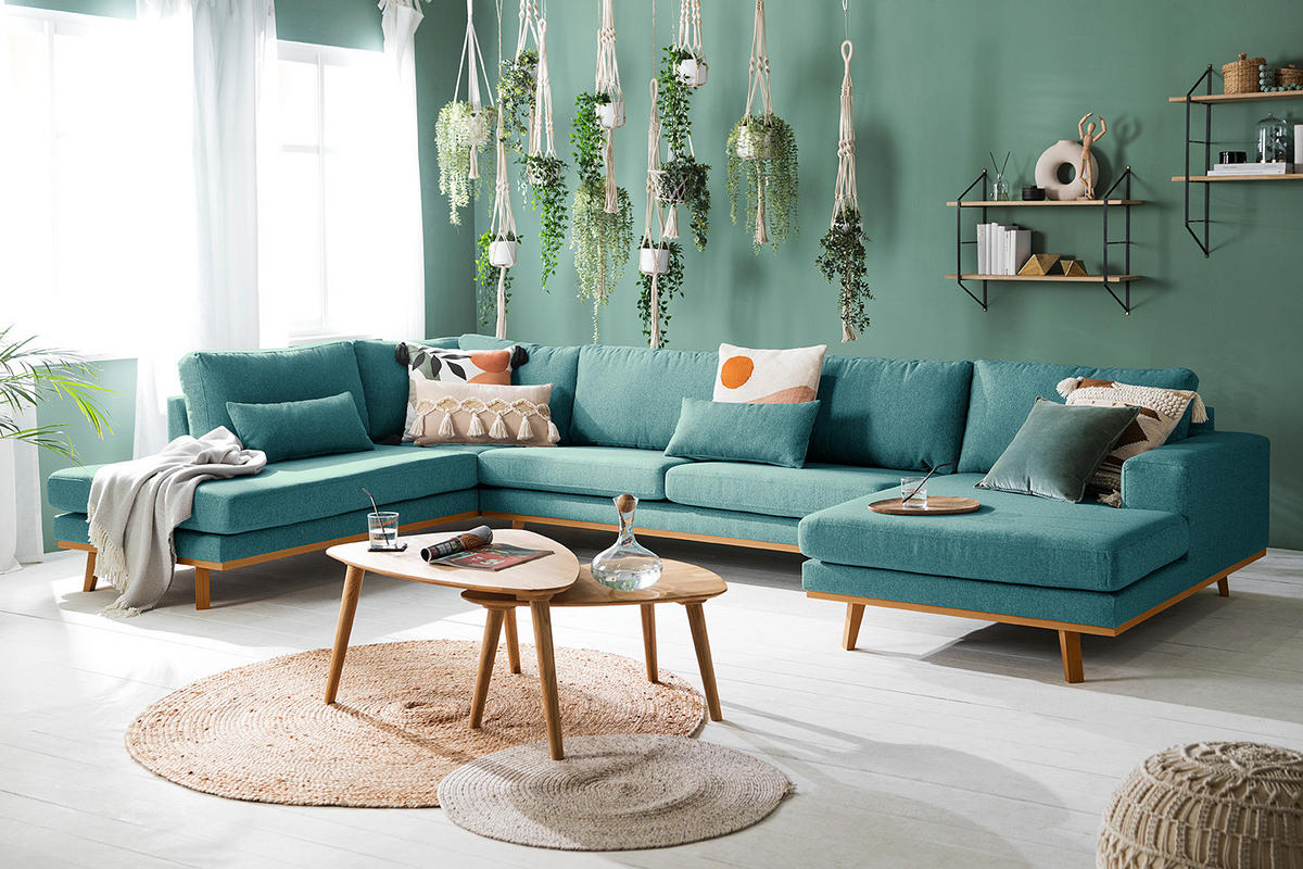 WOHNLANDSCHAFT mit Longchair - Buchefarben/Petrol, Textil (371/81/219cm) - home24