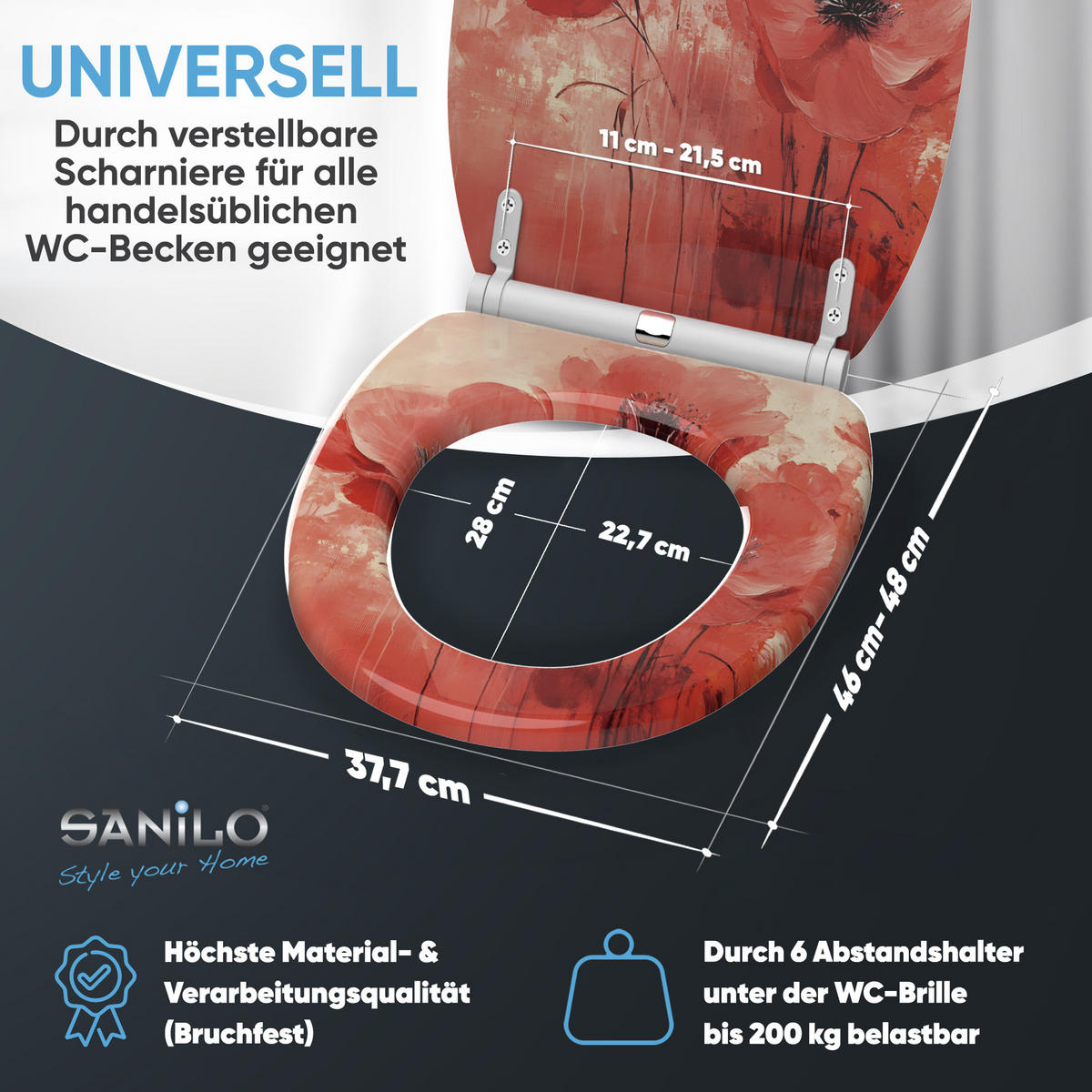 WC-SITZ mit Absenkautomatik & Top Fix Poppy - Rot, Holzwerkstoff (37.7/5.5/48cm) - Sanilo