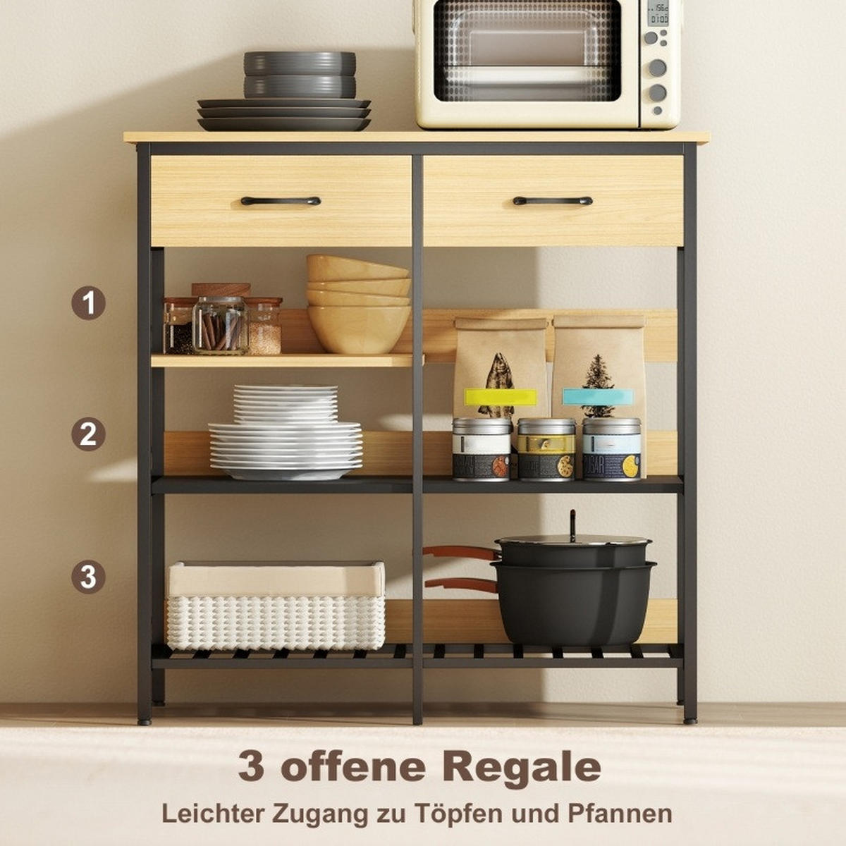 SIDEBOARD 90/40/91 cm mit 2 Schubladen & 3 offenen Fächern im Industrial Look - Naturfarben, Holz (90/91/40cm) - BEAOK