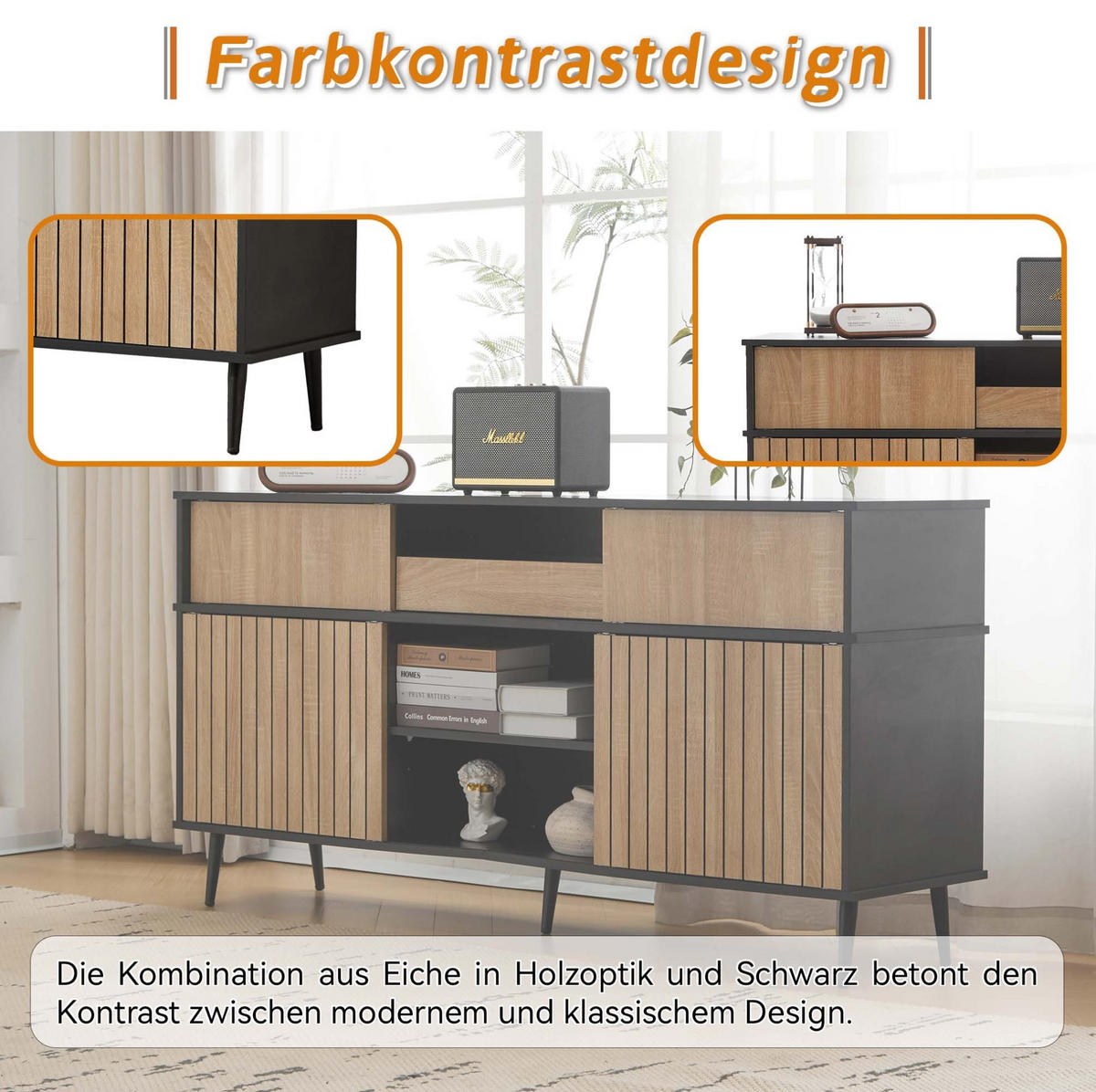 KOMMODE 160/80/40 cm Schwarz/Natur aus Spanplatte mit 4 Schiebetüren - Schwarz, Holzwerkstoff (40/80/160cm) - OKMYHOME