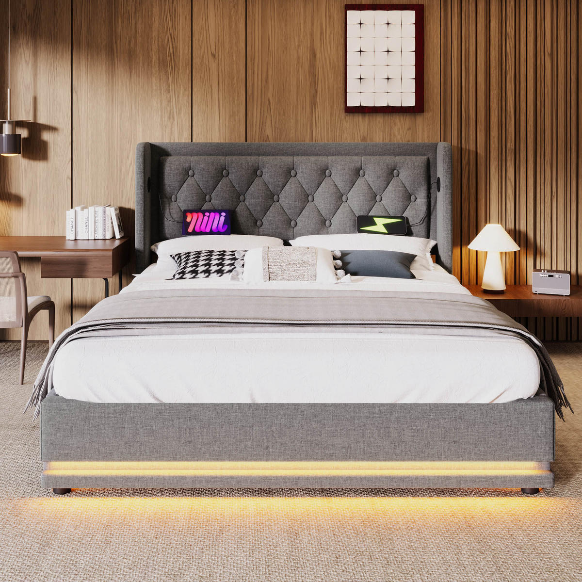 POLSTERBETT 140/200 cm mit Bettkasten, LED-Beleuchtung und USB-C in Grau - Grau, Textil (140/200cm) - BEAOK