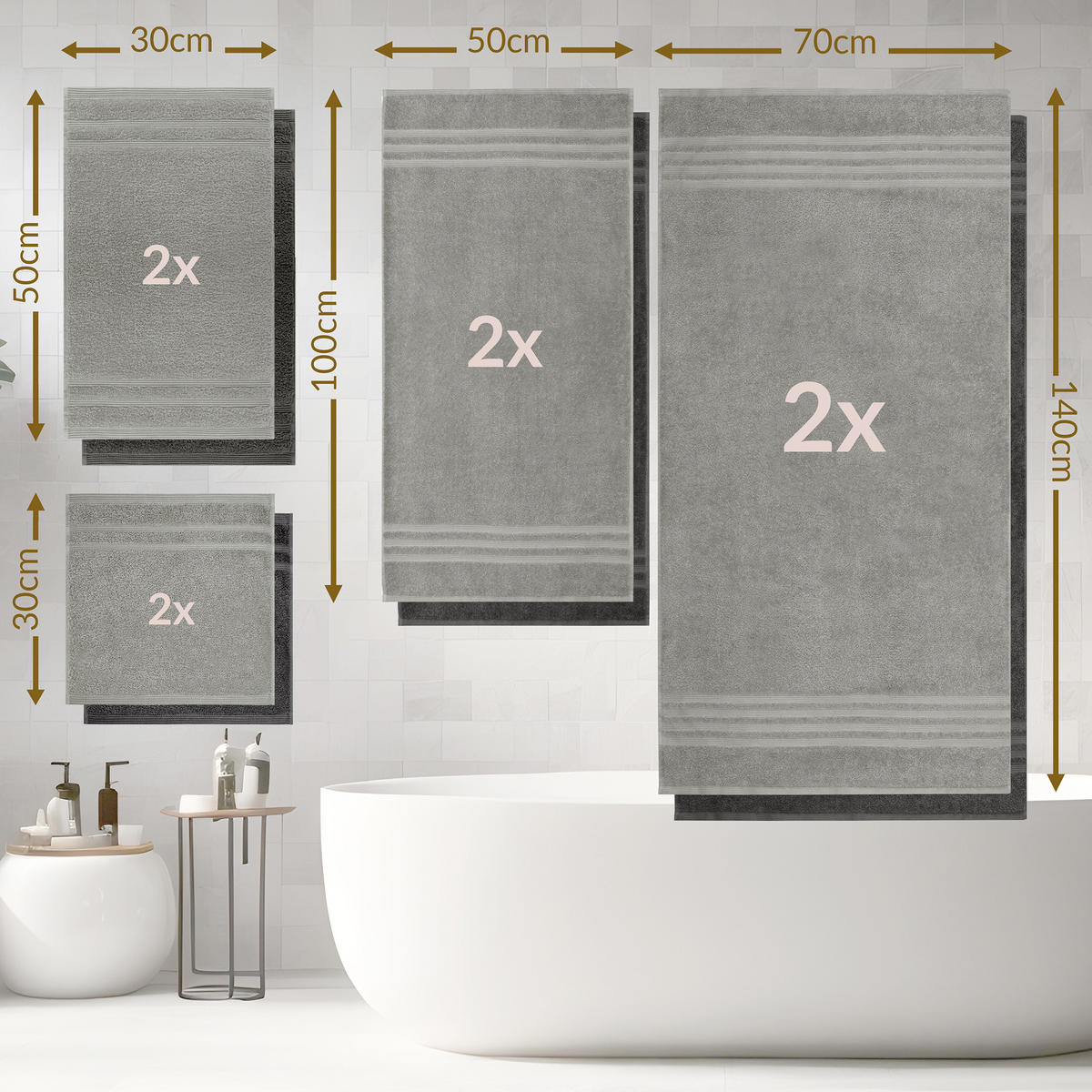 HANDTUCH Set London 8-teilig, 2x Duschtuch 70x140 + 2x Handtuch 50x100 + 2x Gästetuch 30x50 + 2x Waschlappen 30x30 Anthrazit - Stein - Anthrazit/Grau, Textil (70/140cm) - Lashuma