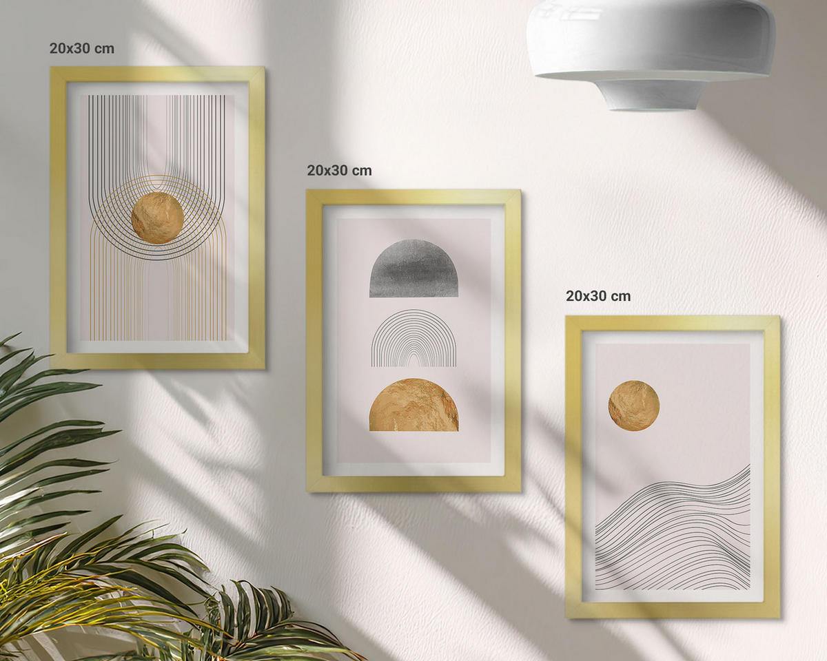 BILDER SET 3er Set - 20x30 cm Goldrahmen - Abstrakte Formen in Beige und Grau - Goldfarben, Kunststoff (20/30cm) - TULUP