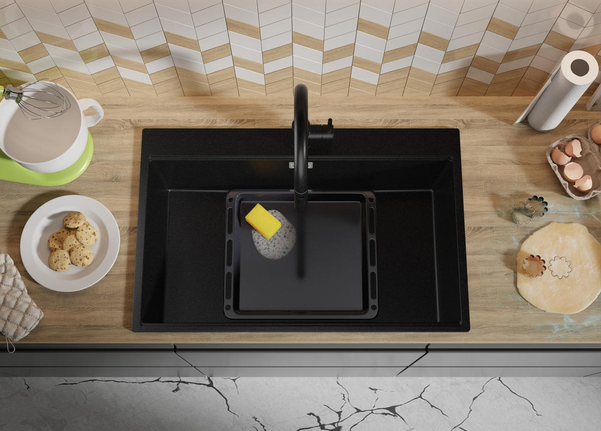 SPÜLBECKEN Oslo, 2-er set Alles Schwarz 78/50 cm 1 Becken + Ablauf-Set + Schneidebrett ab 80er Unterschrank - Beige/Schwarz, Kunststoff (78/20/50cm) - Primagran