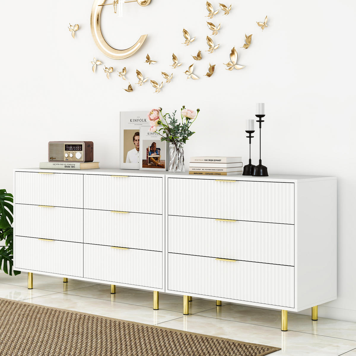 SIDEBOARD aus MDF 200x40x72 cm Weiß mit 9 Schubladen, modularer Aufstellung und goldfarbenen Metallbeinen - Weiß, Holzwerkstoff (200/72/40cm) - Modfu