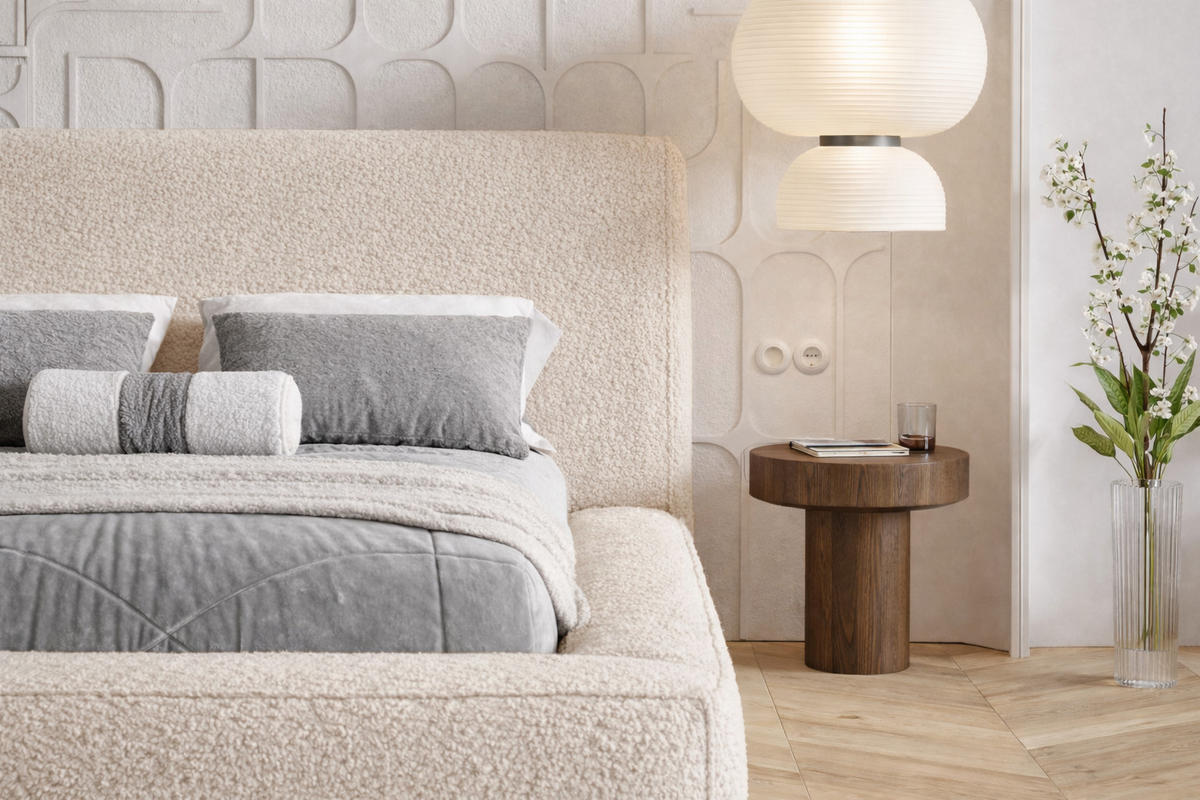 POLSTERBETT Boucle 180x200 Karano, Dicker Schaum, Bettkasten, Beige - Beige, Holz/Textil (180/200cm) - Emporius