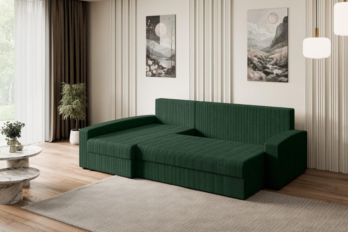 ECKSOFA mit Schlaffunktion und Bettkasten ALESIA-L 231x140x90 cm Grün Cord - Silberfarben/Grün, Holzwerkstoff/Kunststoff (231/140cm) - ALTDECOR