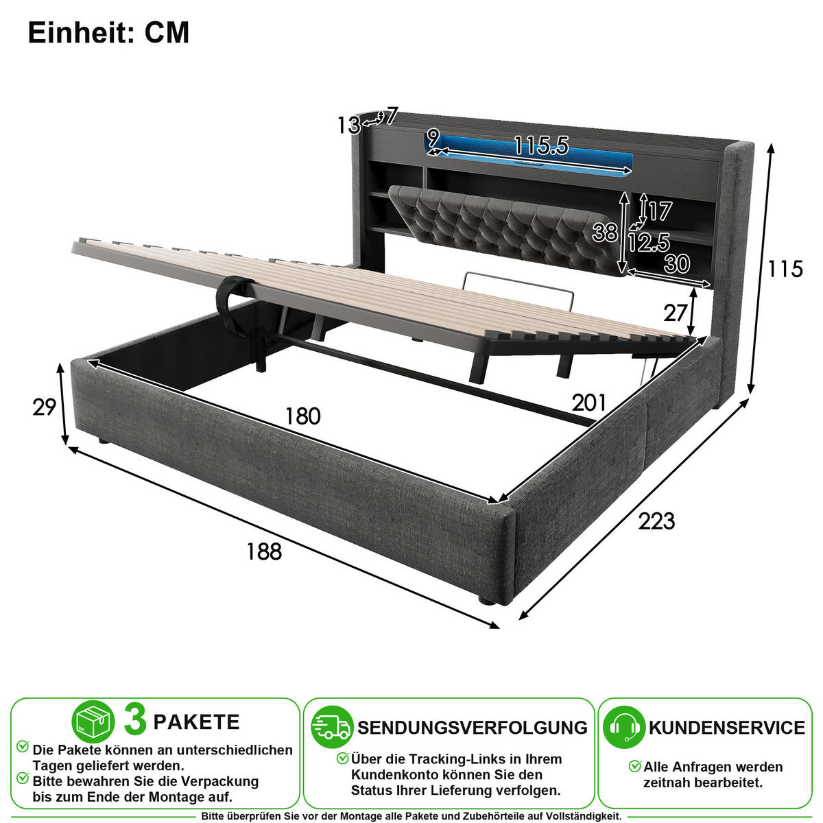ČALOUNĚNÁ POSTEL 180/200 cm v šedé barvě s úložným prostorem, LED a USB-C - šedá, kov/kompozitní dřevo (180/200cm) - CHICFURN