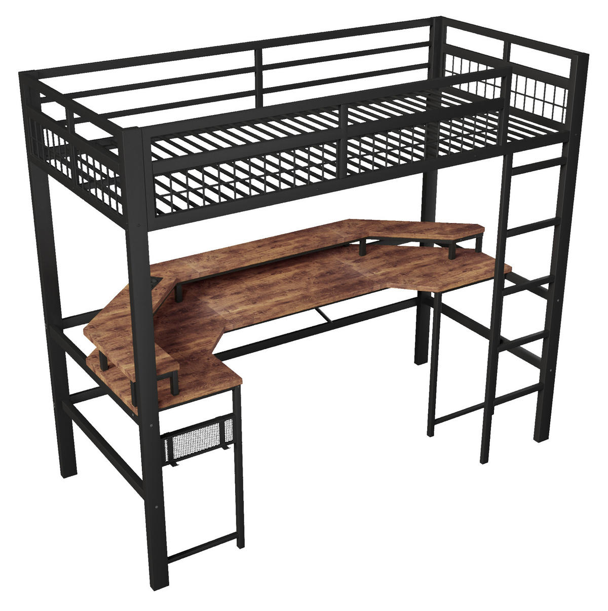 HOCHBETT 90/200 cm aus Metall mit Schreibtisch und LED-Beleuchtung, schwarz - Schwarz, Metall (90/200cm) - Flora Grace