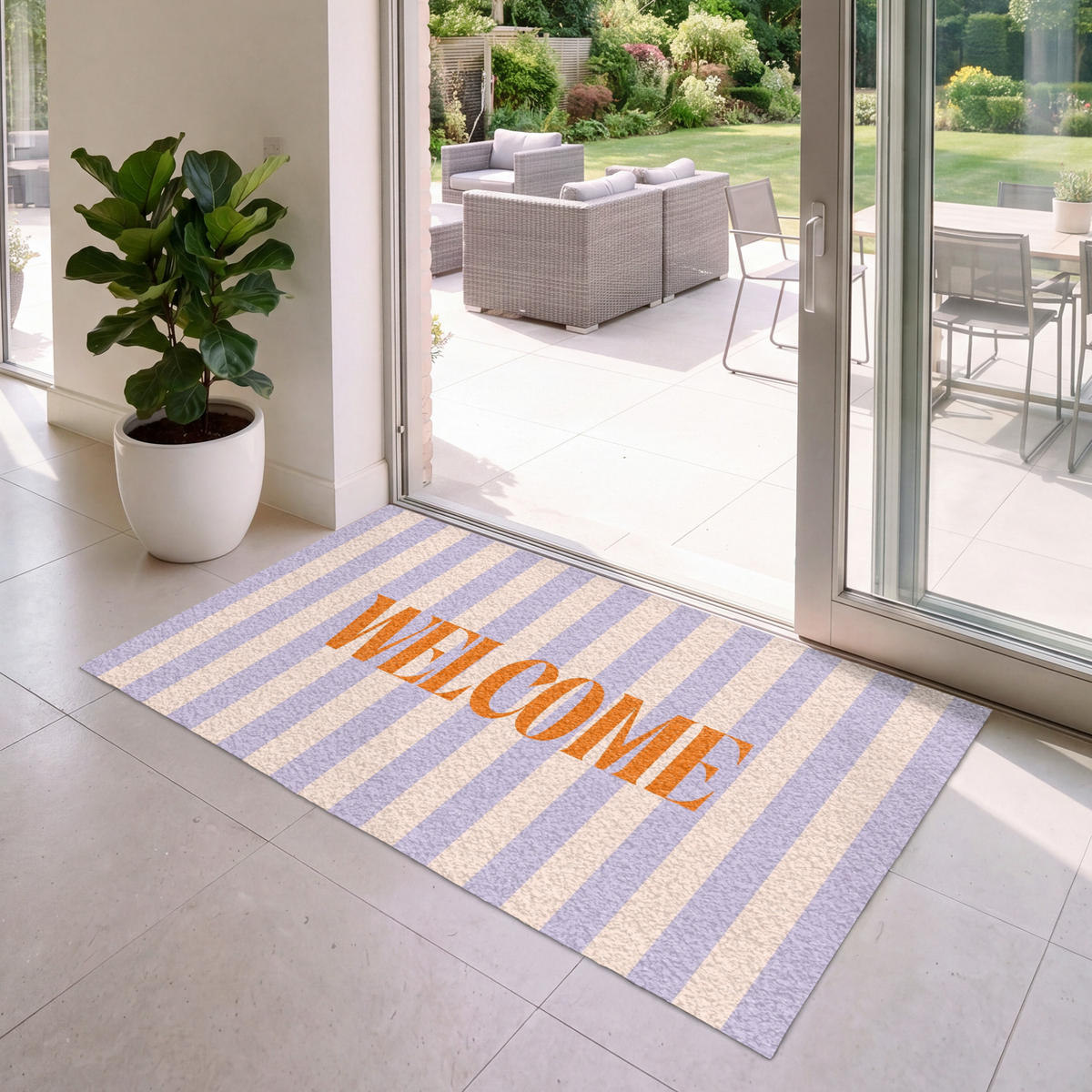 FUSSMATTE Lila – Orange – Streifen – Willkommen 150x90 cm - Flieder, Kunststoff (150/0.4cm) - MuchoWow