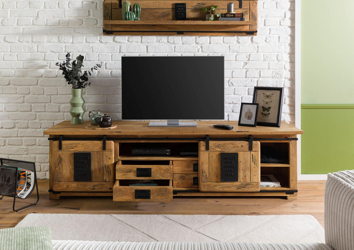 TV-BOARD Mango 200x55x55 natur lackiert RAILWAY #314 - Naturfarben, Holz (200/55/55cm) - Massivmoebel24