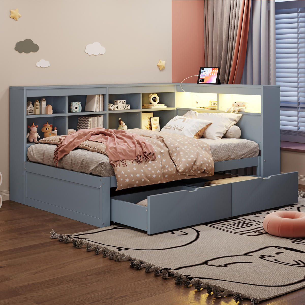 MULTIFUNKTIONSBETT 90/200 cm Grau mit Ablagefächern und USB-Steckdose mit LED-Beleuchtung - Grau, Holzwerkstoff (90/200cm) - OKWISH