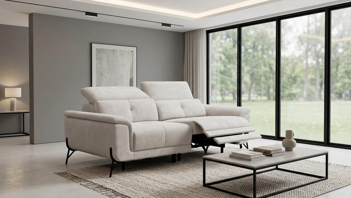 SOFA RELAX AVENA 3-Sitzer, beiger Veloursstoff - Beige/Schwarz, Holz/Textil (204/80/108cm) - Wozimo