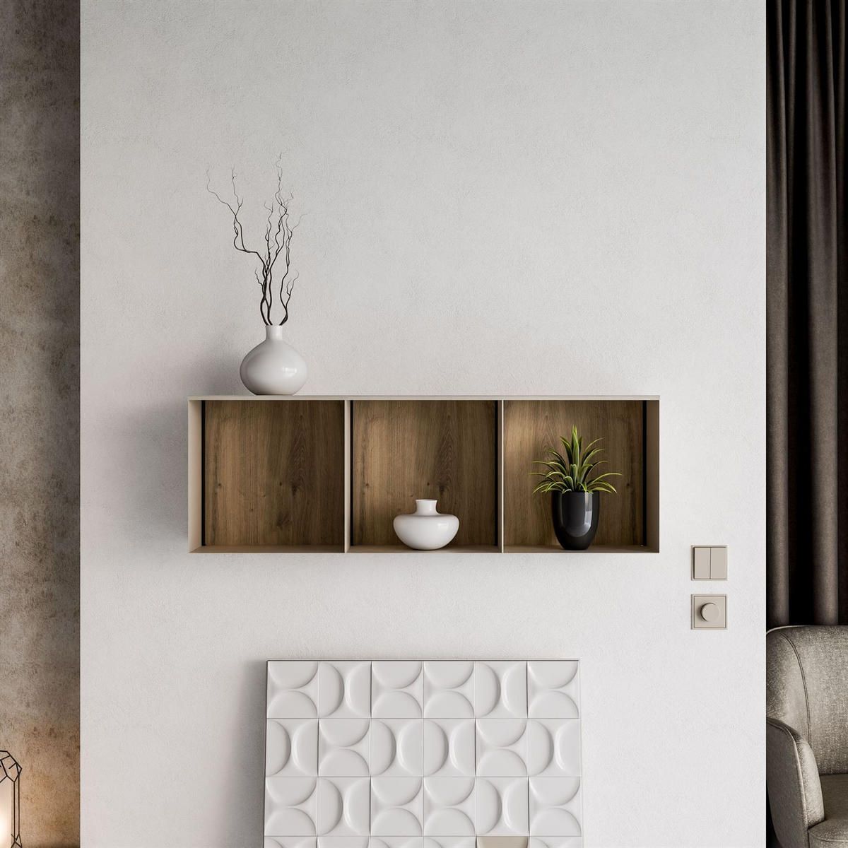 METALLREGAL QUADRO II mit LED-Beleuchtung - Kaschmir/Eiche Artisan, Holzwerkstoff (33/99/20cm) - Lookway