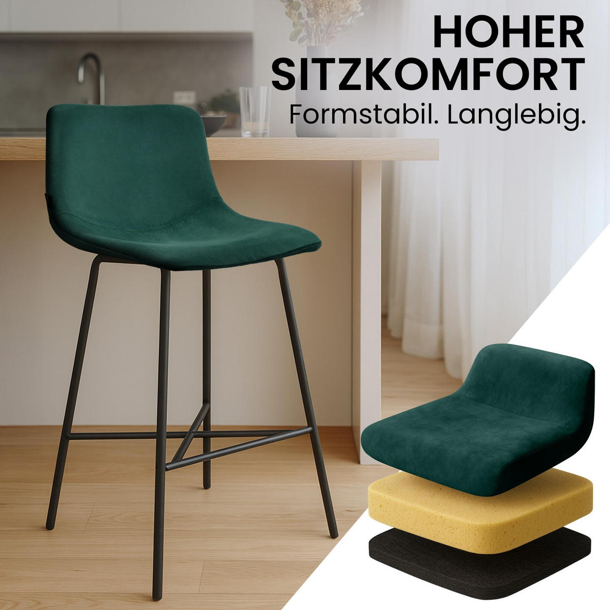 BARHOCKER Samt Grün - Schwarz/Grün, Textil/Metall (44/98/49cm) - CLP