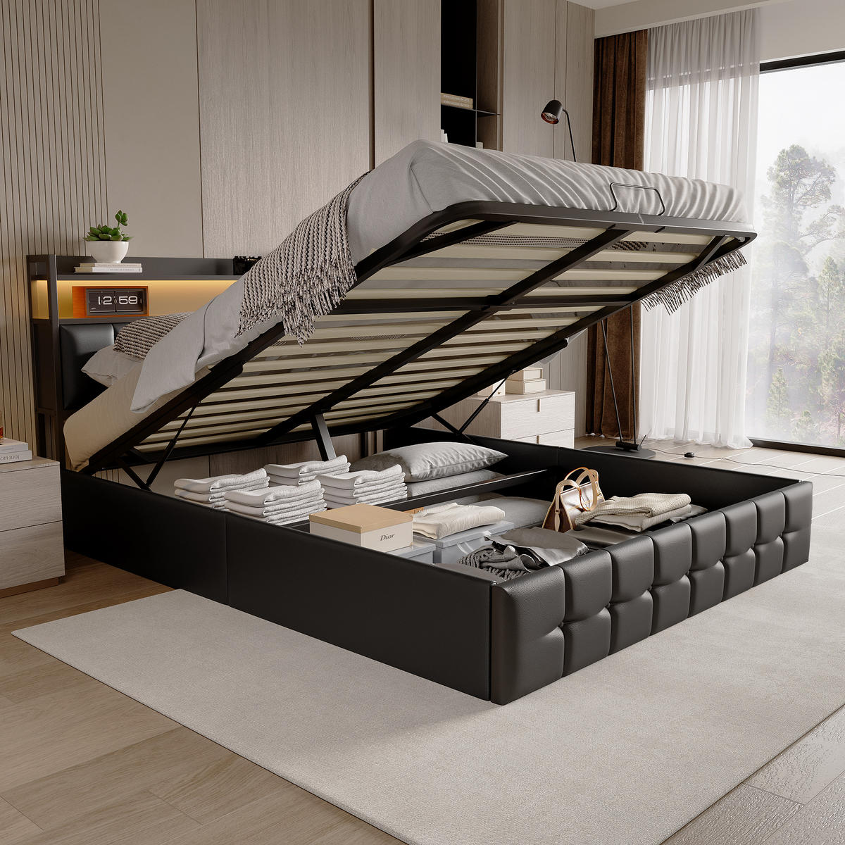 POLSTERBETT 140x190 cm, Stauraumbett mit LED, Schwarzes Kunstleder - Schwarz, Metall (140/190cm)