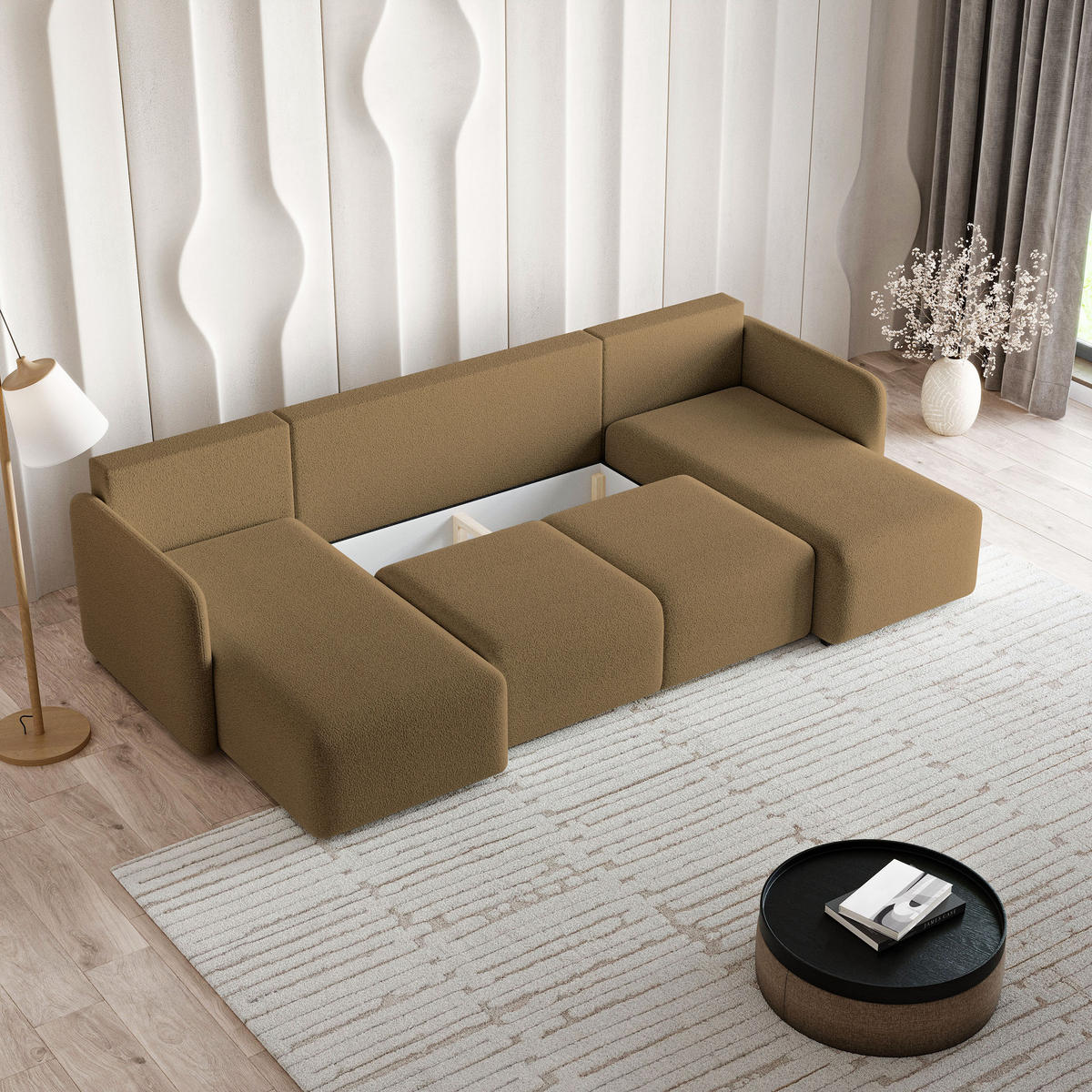 WOHNLANDSCHAFT NUBERO Orange Boucle-Stoff mit Schlaffunktion - Orange, Holz (285/85/143cm) - MASSENO