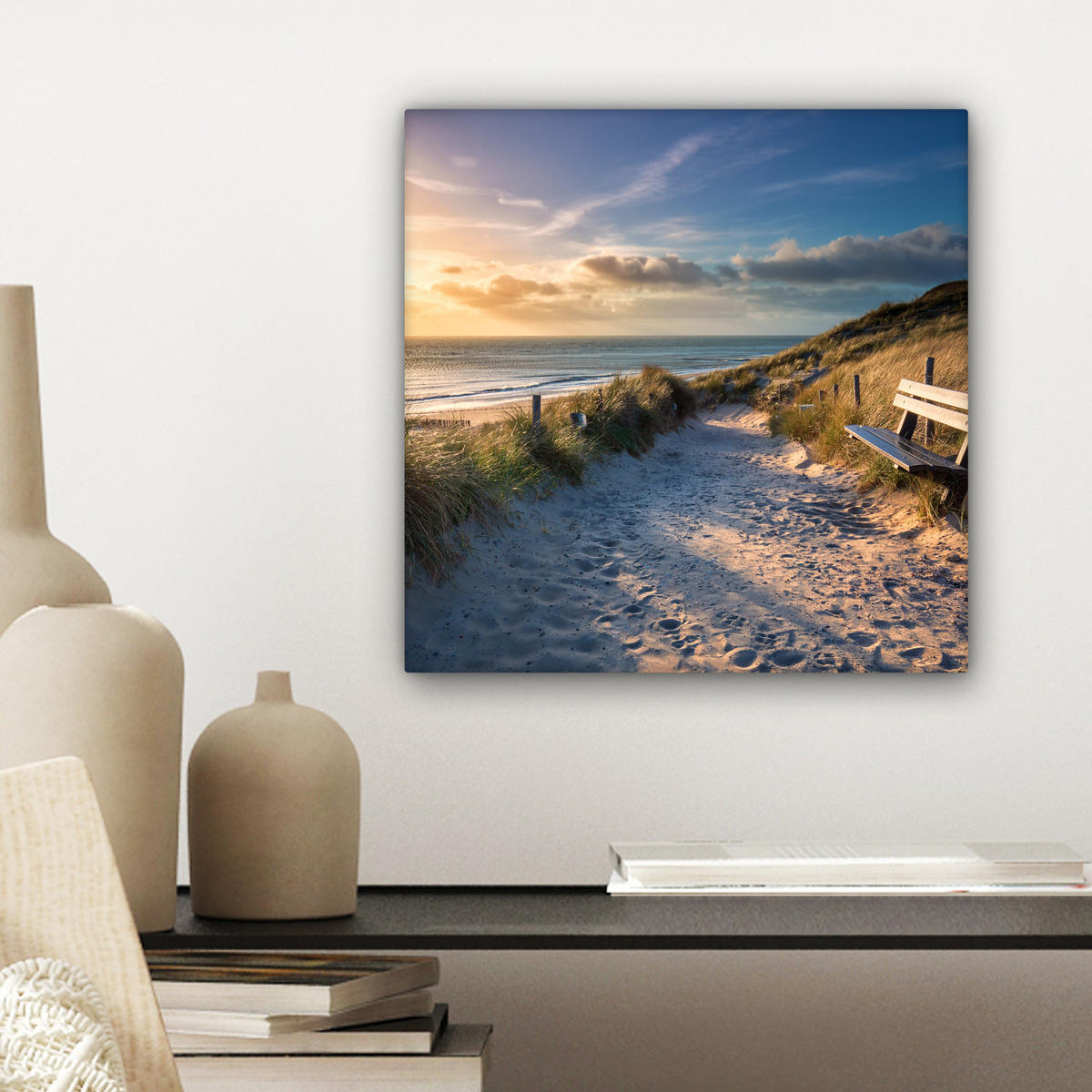 LEINWANDBILD - Sonnenuntergang - Strand - Düne - Gras - Ufer - 20x20 - Wandbilder - Sandfarben, Textil (20/20cm) - MuchoWow