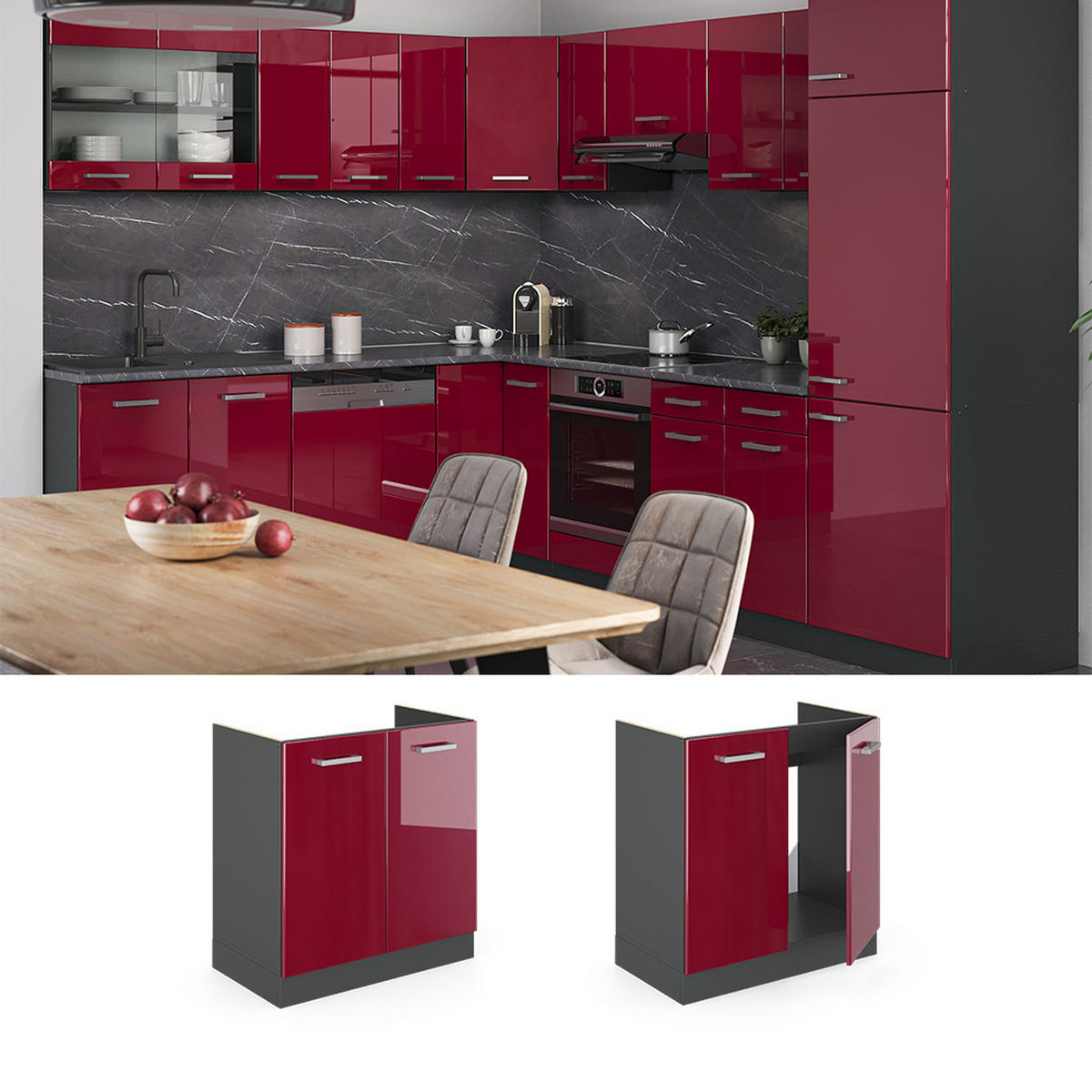 KÜCHENUNTERSCHRANK R-Line Bordeaux Hochglanz 80 cm AP Marmor - Bordeaux/Anthrazit, Holzwerkstoff (80/81.6/60cm) - Vicco