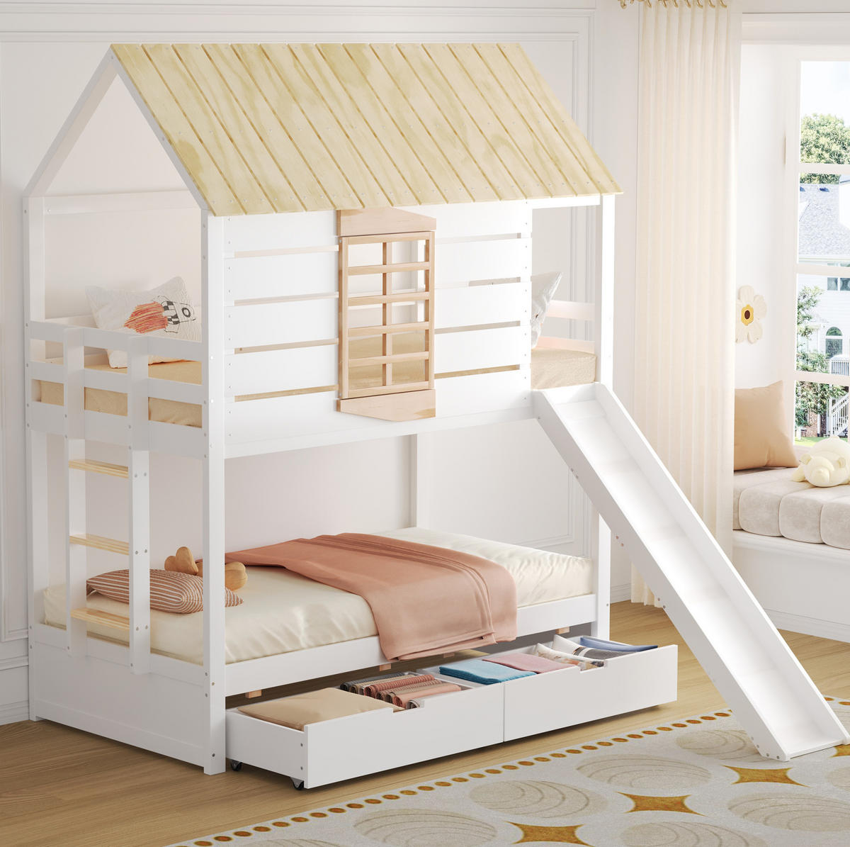 ETAGENBETT aus Kiefer und MDF 90x200 cm Weiß/Natur mit Rutsche, 2 Schubladen und Hausdach - Weiß, Holzwerkstoff (90/200cm) - Modfu