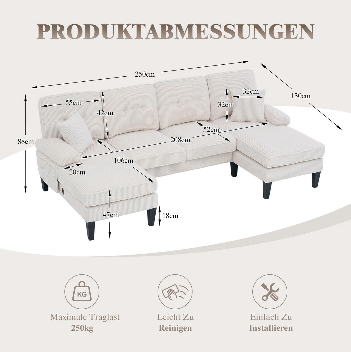 WOHNLANDSCHAFT aus Cord 250x130x88 cm in Beige mit USB/Type-C & Seitentaschen - Beige, Textil (130/88/250cm) - Modfu