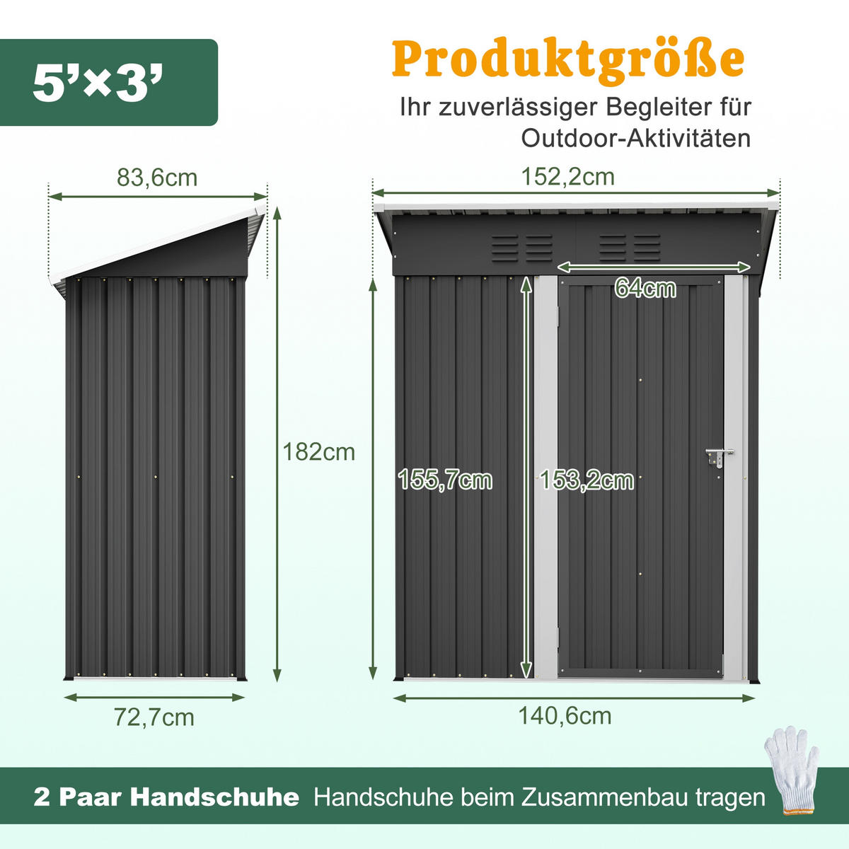 GERÄTEHAUS 152.2/83.6/182 cm Schwarz mit abschließbarer Metalltür, Ohne Fenster - Schwarz, Metall (83.6/182/152.2cm) - Oxeza
