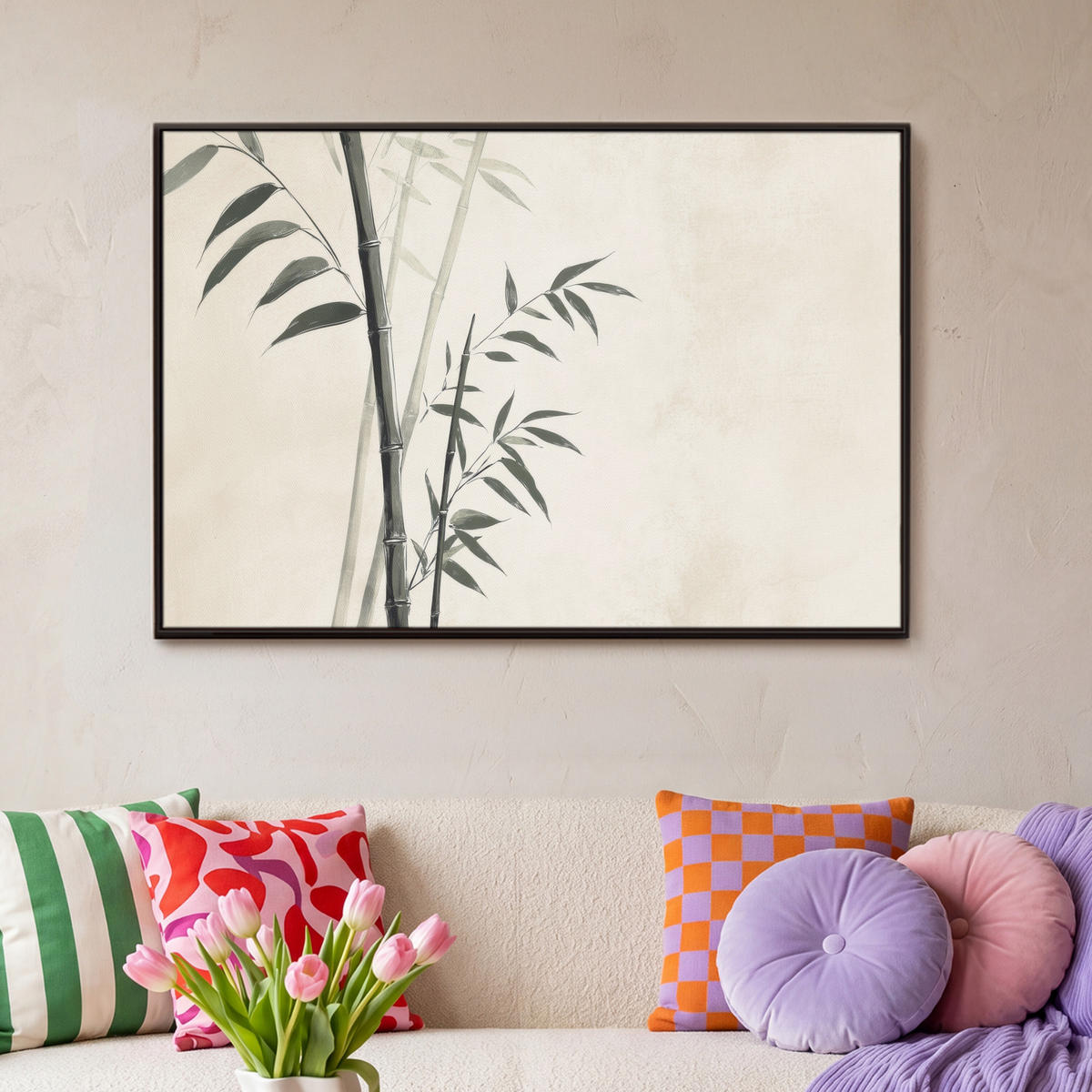 LEINWAND Bilder mit Rahmen - Japandi - Bambus - Beige - 90x60 - Eukalyptusholzfarben, Textil (90/60cm) - MuchoWow
