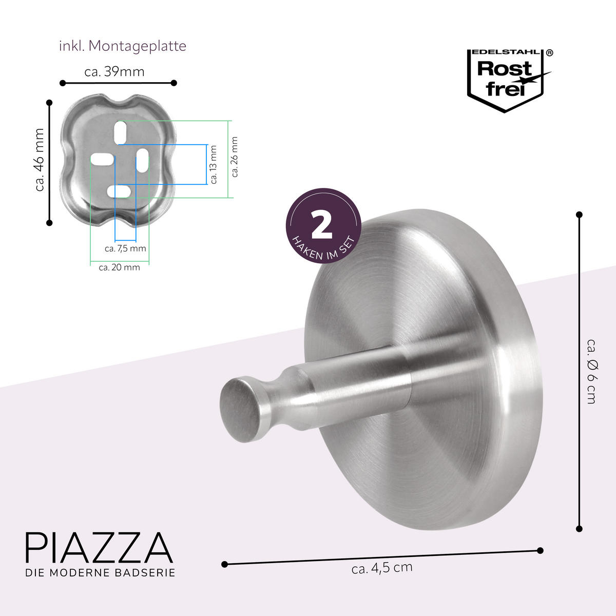 HANDTUCHHAKEN PIAZZA 2er-Set, Edelstahl, matt, inkl. Klebeset - Edelstahlfarben, Metall (6/4.5/6cm) - bremermann