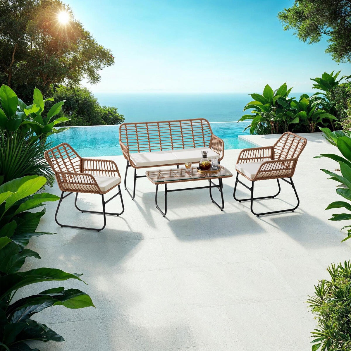 RATTAN-SITZGRUPPE Molfetta Xl,höhenverstellbare Kunststofffüße,natur - Naturfarben, Kunststoff - tectake