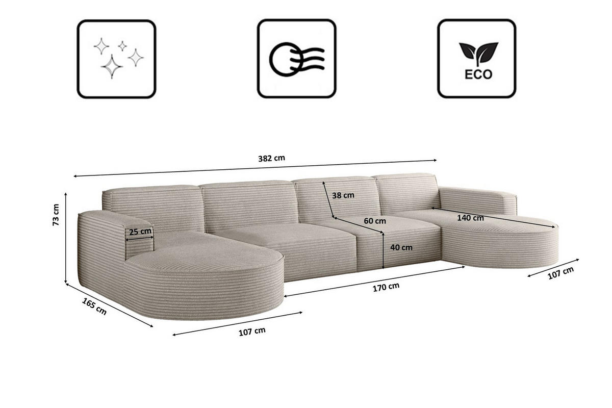 ECKSOFA U-Form XL Designer MODENA stoff Dicker Cord Poso Beige - Beige, Holz (165/382cm) - Kaiser Möbel