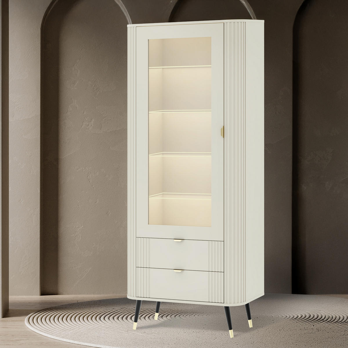 VITRINENSCHRANK PURA, mit Beleuchtung, Cremefarbig - Creme/Schwarz, Holzwerkstoff/Metall (78/192/40cm) - KONSIMO®
