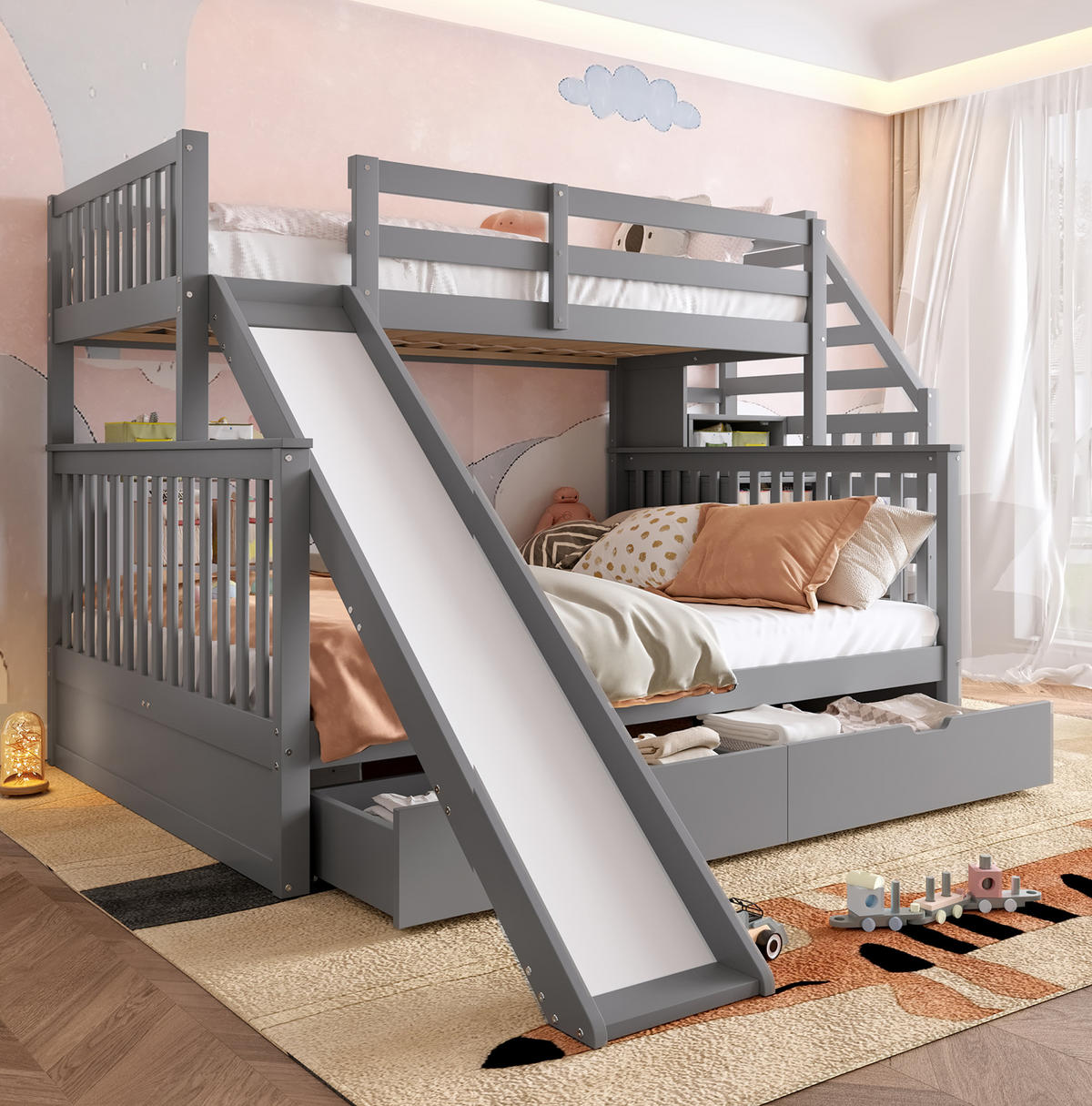 ETAGENBETT 90/200 cm Grau mit Schubladen und Rutsche aus Kiefernholz - Grau, Holz (90/200cm) - OKWISH