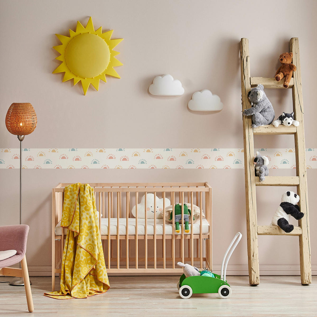TAPETENBORDÜRE selbstklebend für Kinderzimmer bunte SONNE im Boho Stil - Blau/Weiß, Papier (10/300/300cm) - Muralo